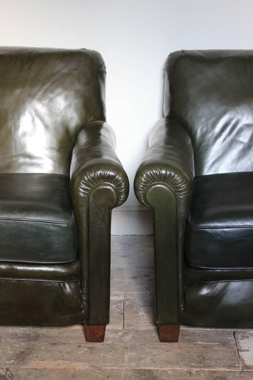 European Pair of 1940s Vintage Green Leather Armchairs