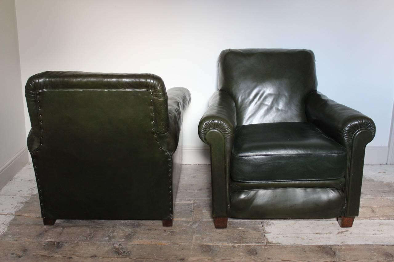 Pair of 1940s Vintage Green Leather Armchairs 1