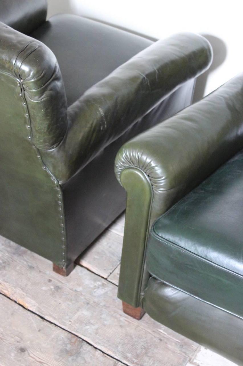 Pair of 1940s Vintage Green Leather Armchairs 2