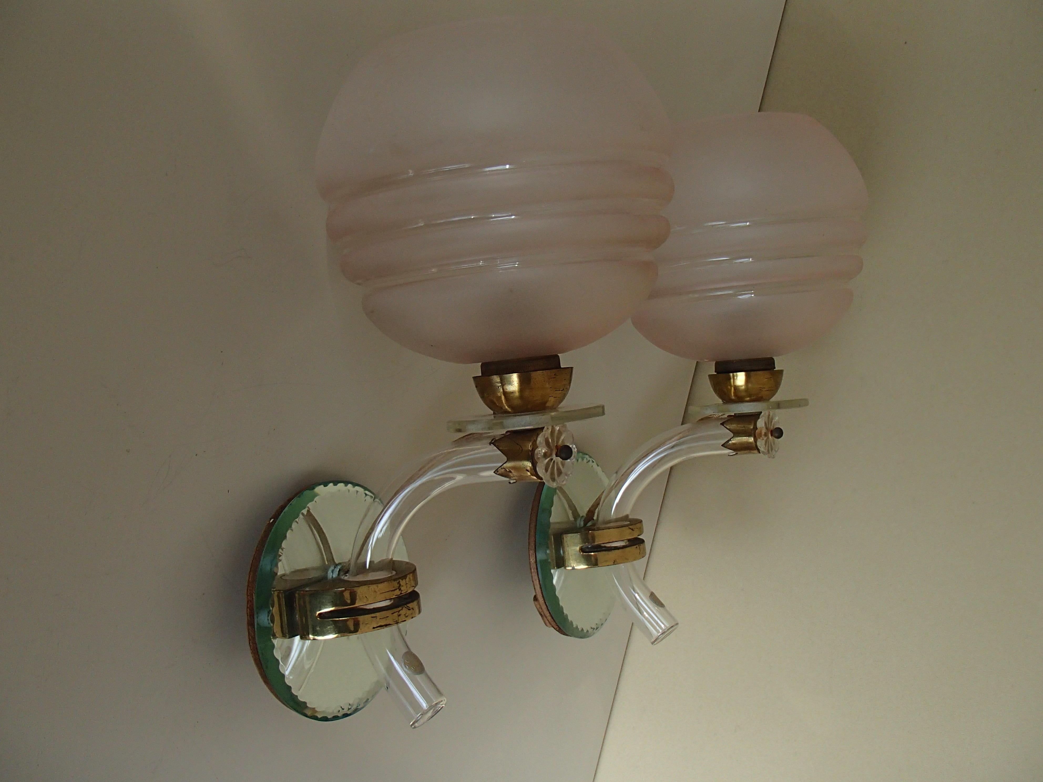 Pair of 1940 This Wall Lights with Cristal Mirror and Pale Rose Shade For Sale 4