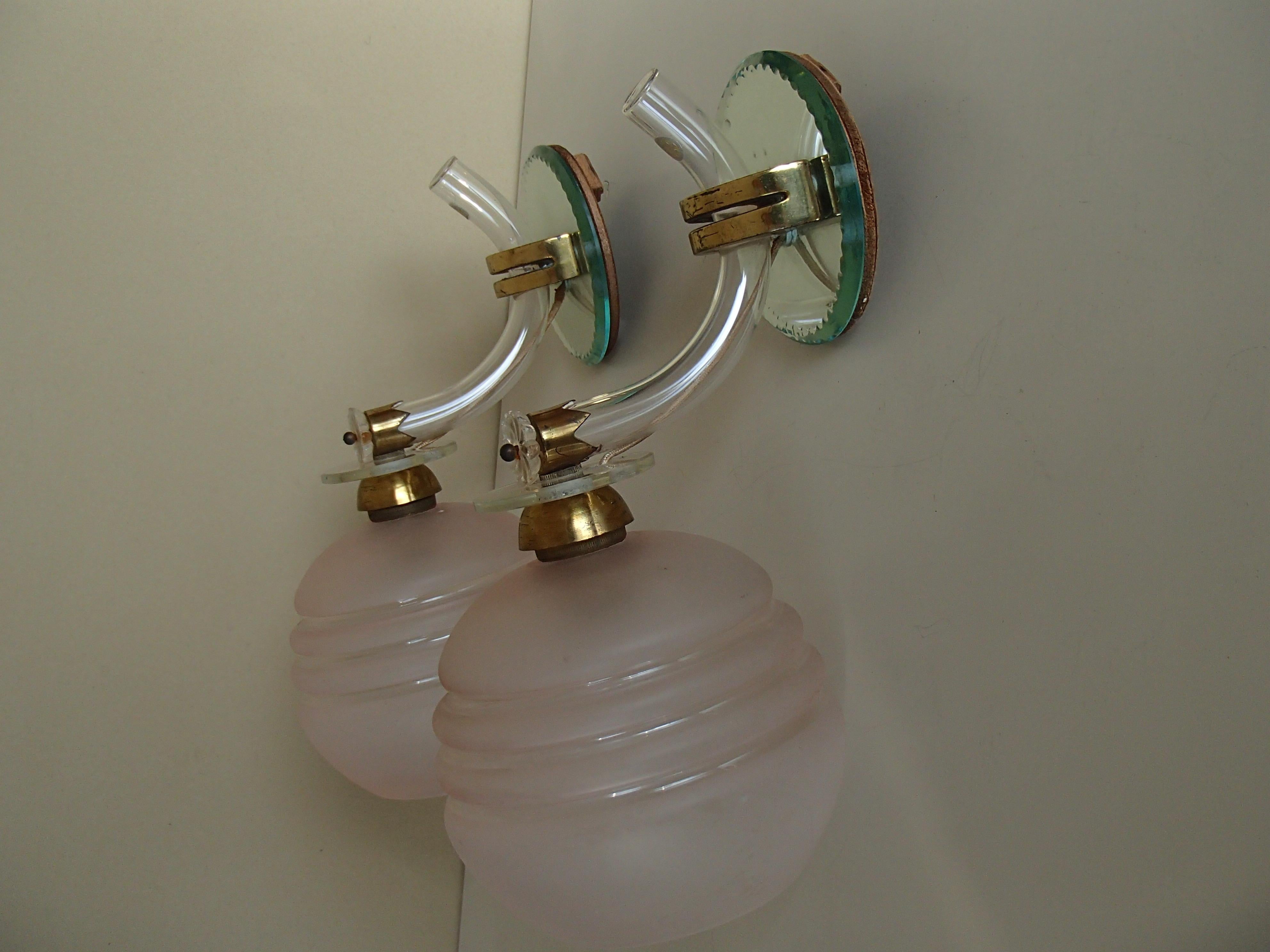 Pair of 1940 This Wall Lights with Cristal Mirror and Pale Rose Shade For Sale 5