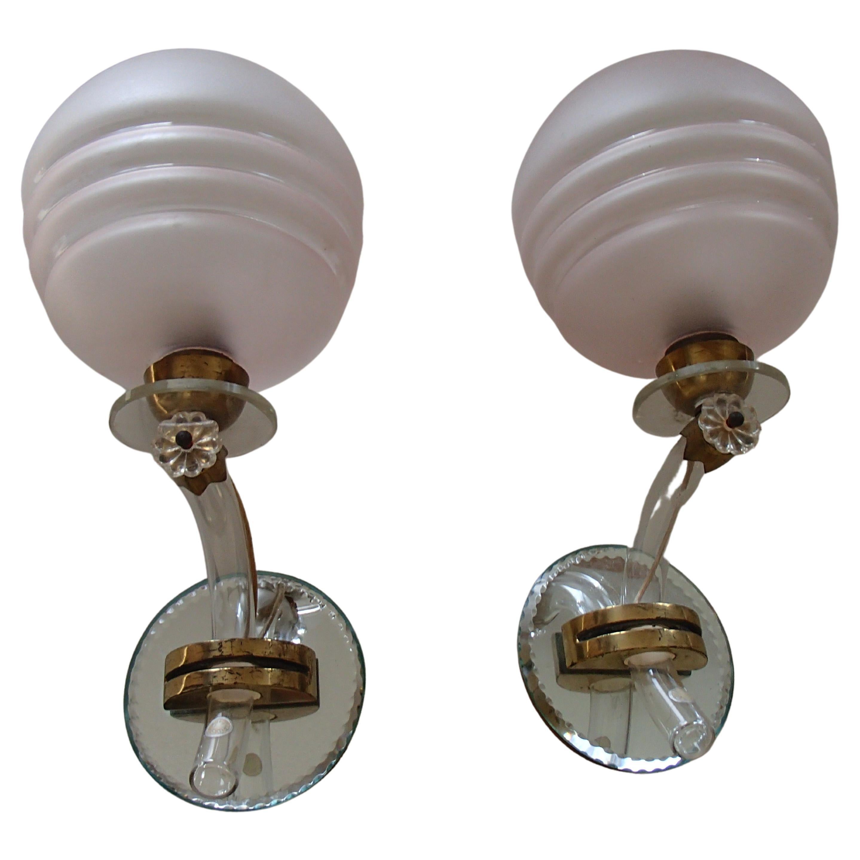 Pair of 1940 This Wall Lights with Cristal Mirror and Pale Rose Shade For Sale