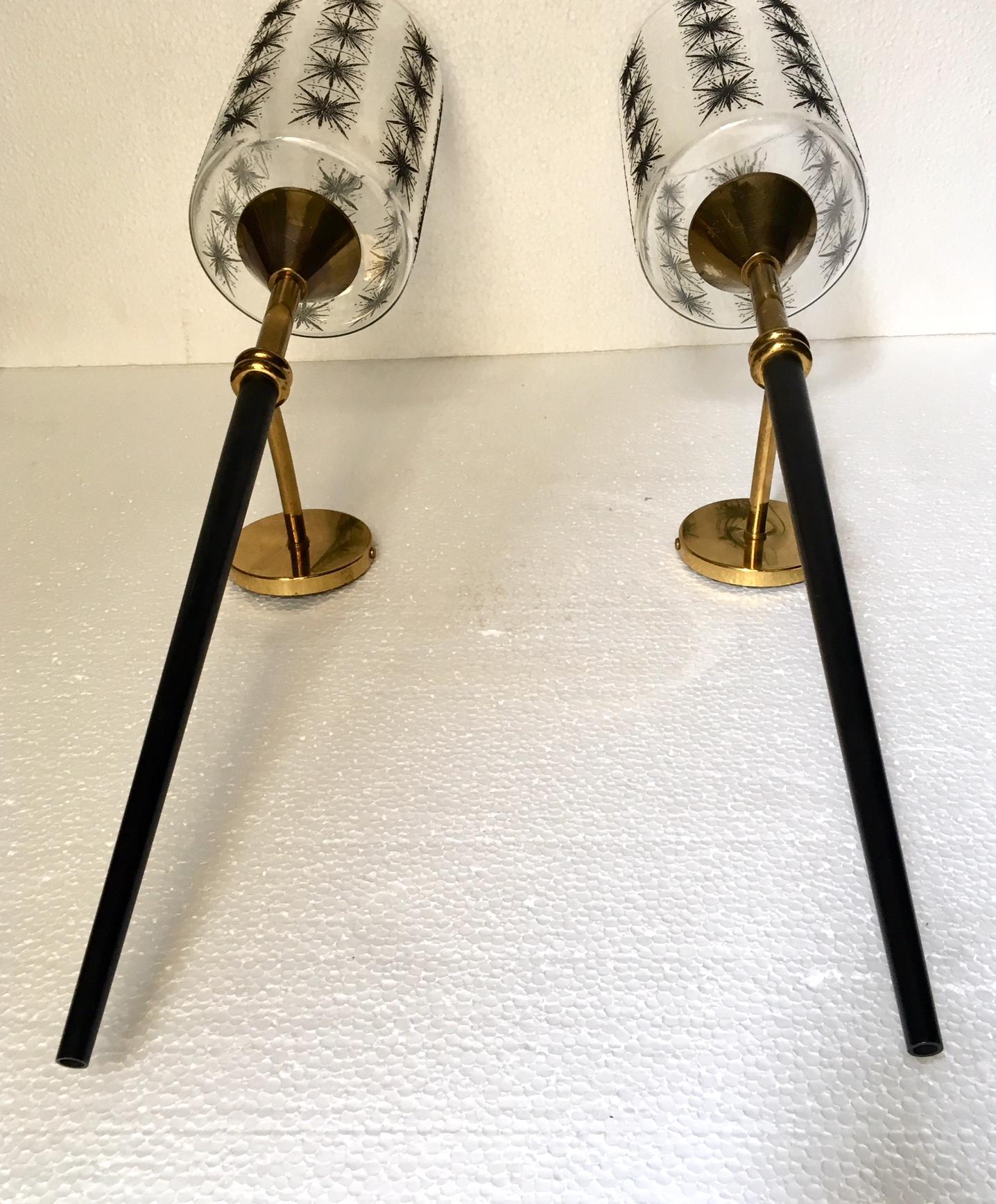 Mid-Century Modern Pair of 1950 French Maison Lunel Brass and Lacquered Torchere Wall Sconces For Sale