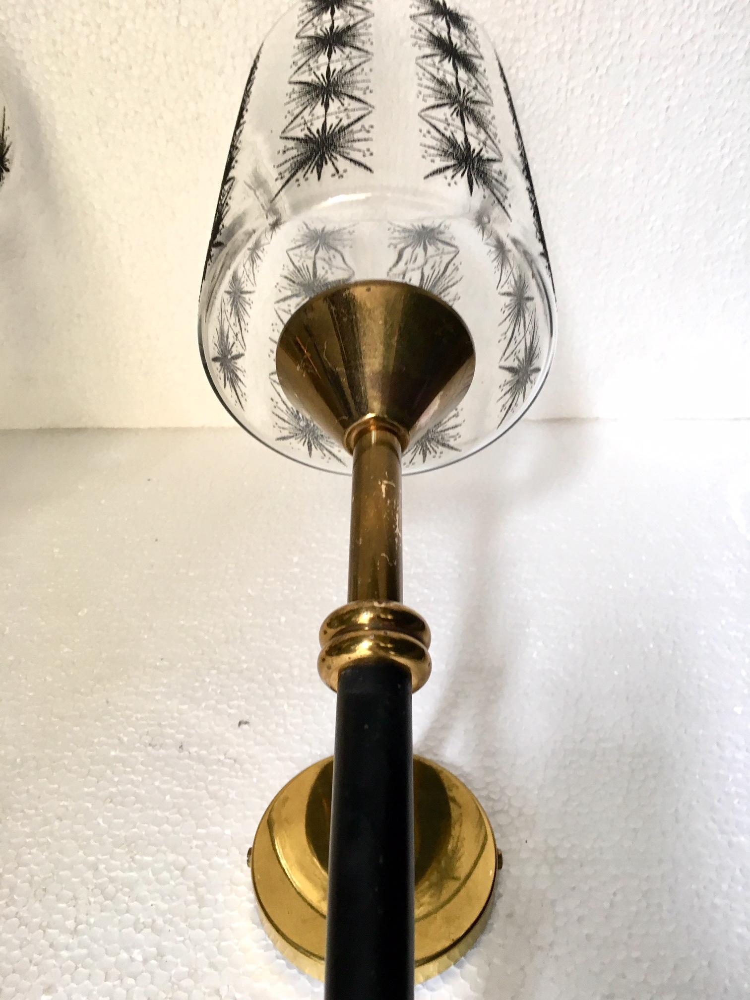 20th Century Pair of 1950 French Maison Lunel Brass and Lacquered Torchere Wall Sconces For Sale