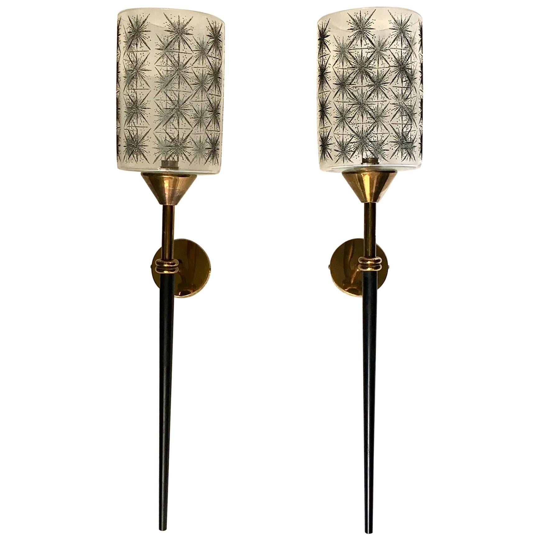 Pair of 1950 French Maison Lunel Brass and Lacquered Torchere Wall Sconces