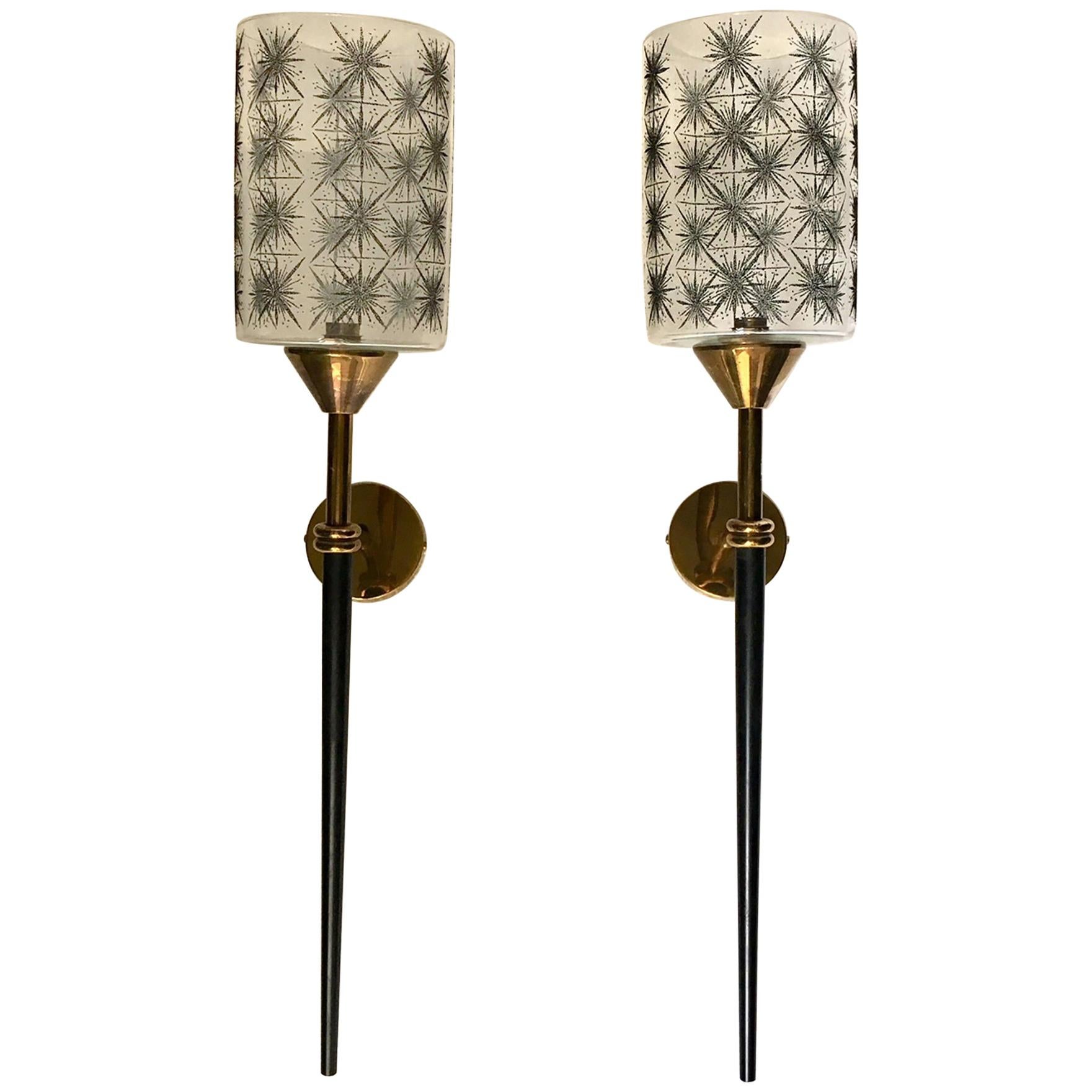 Pair of 1950 French Maison Lunel  Brass and Lacquered  Torchere Wall Sconces