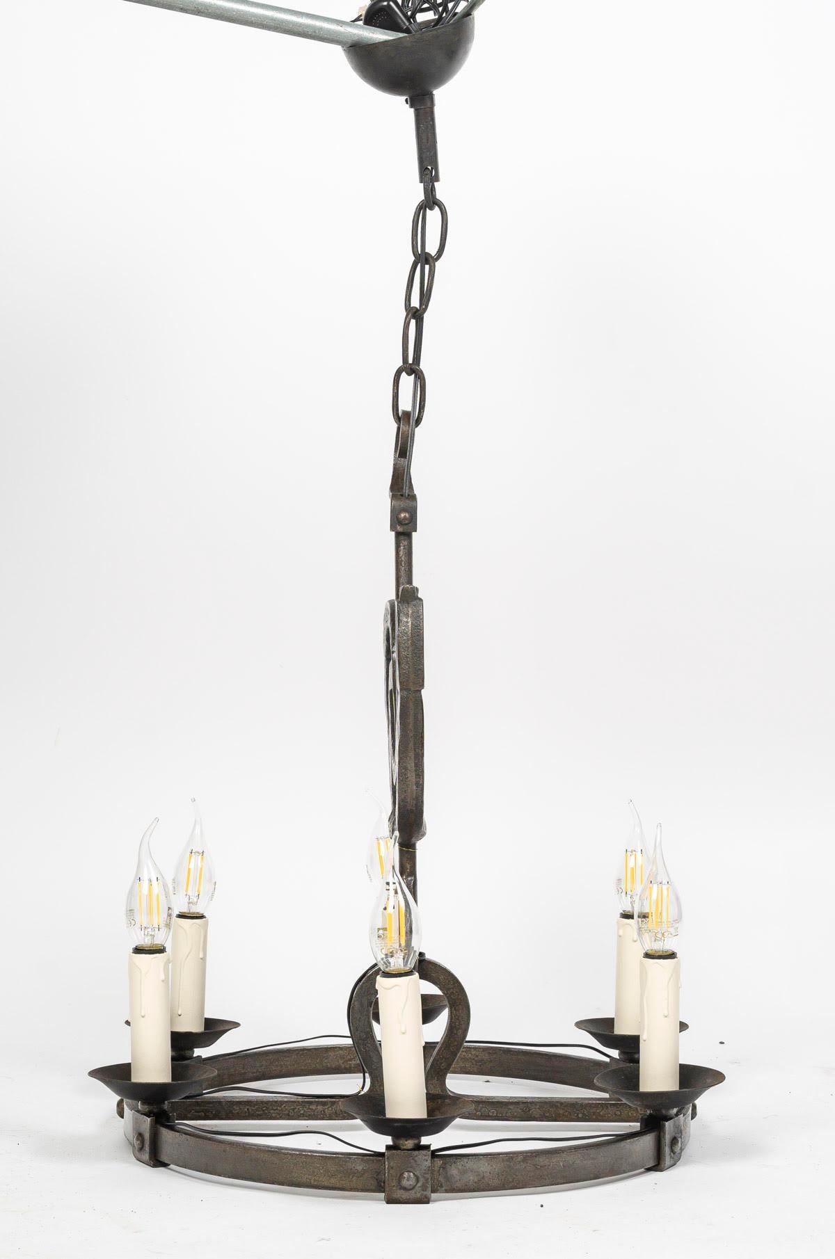 French Pair of 1950s-1960s Wrought Iron Chandeliers by Jean Touret, Marolles Workshop. For Sale