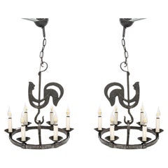 Used Pair of 1950s-1960s Wrought Iron Chandeliers by Jean Touret, Marolles Workshop.