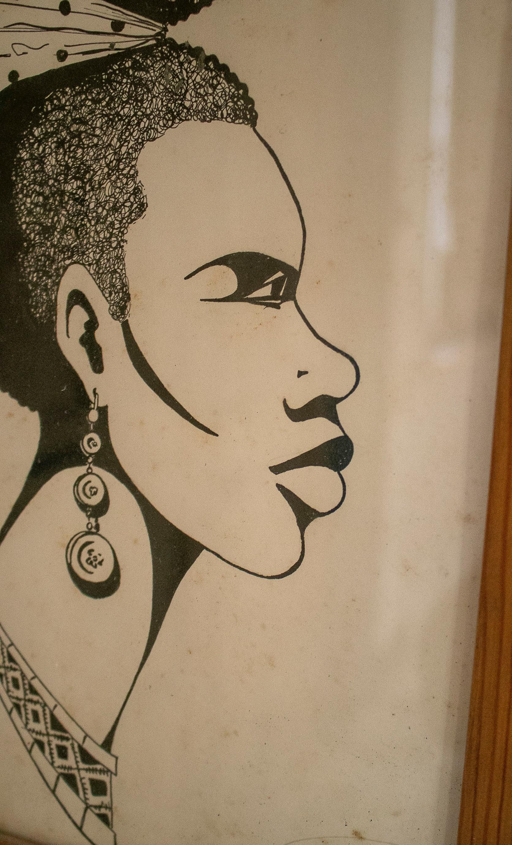 Pair of 1950s African Ink Drawn African Framed Portraits Signed 