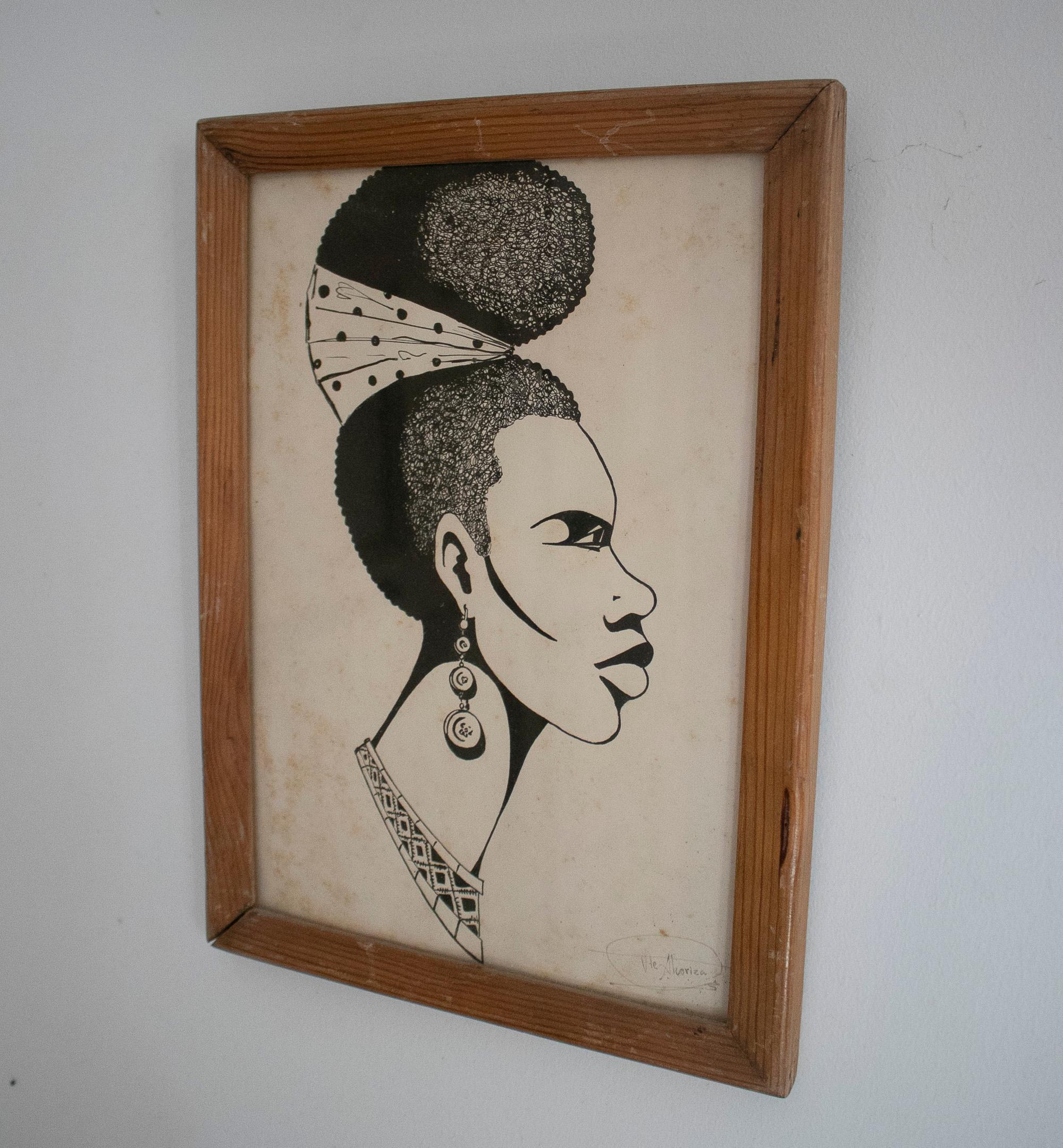 Paire de portraits africains des années 1950 dessinés à l'encre, encadrés et signés 