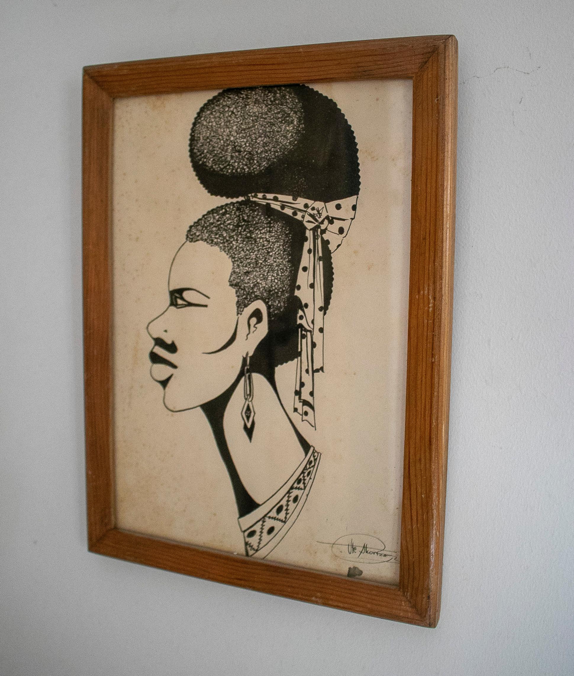 Hand-Painted Pair of 1950s African Ink Drawn African Framed Portraits Signed 