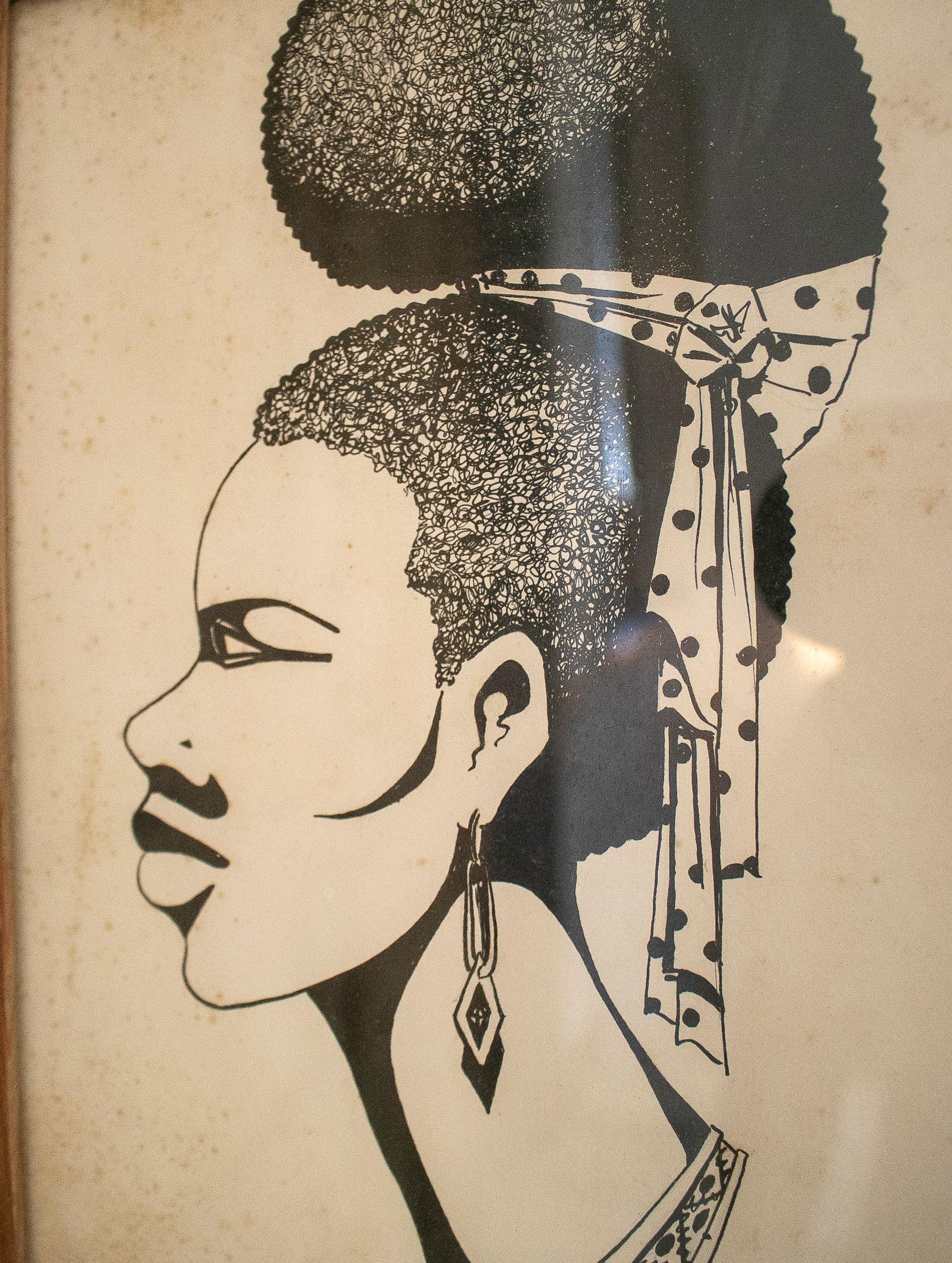 Peint à la main Paire de portraits africains encadrés à l'encre africaine des années 1950, signés « Ute Alcortzo ». en vente
