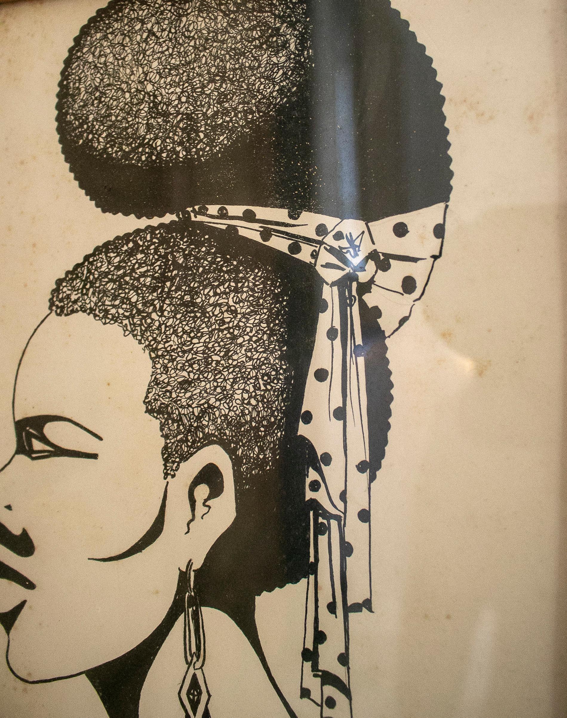 20th Century Pair of 1950s African Ink Drawn African Framed Portraits Signed 
