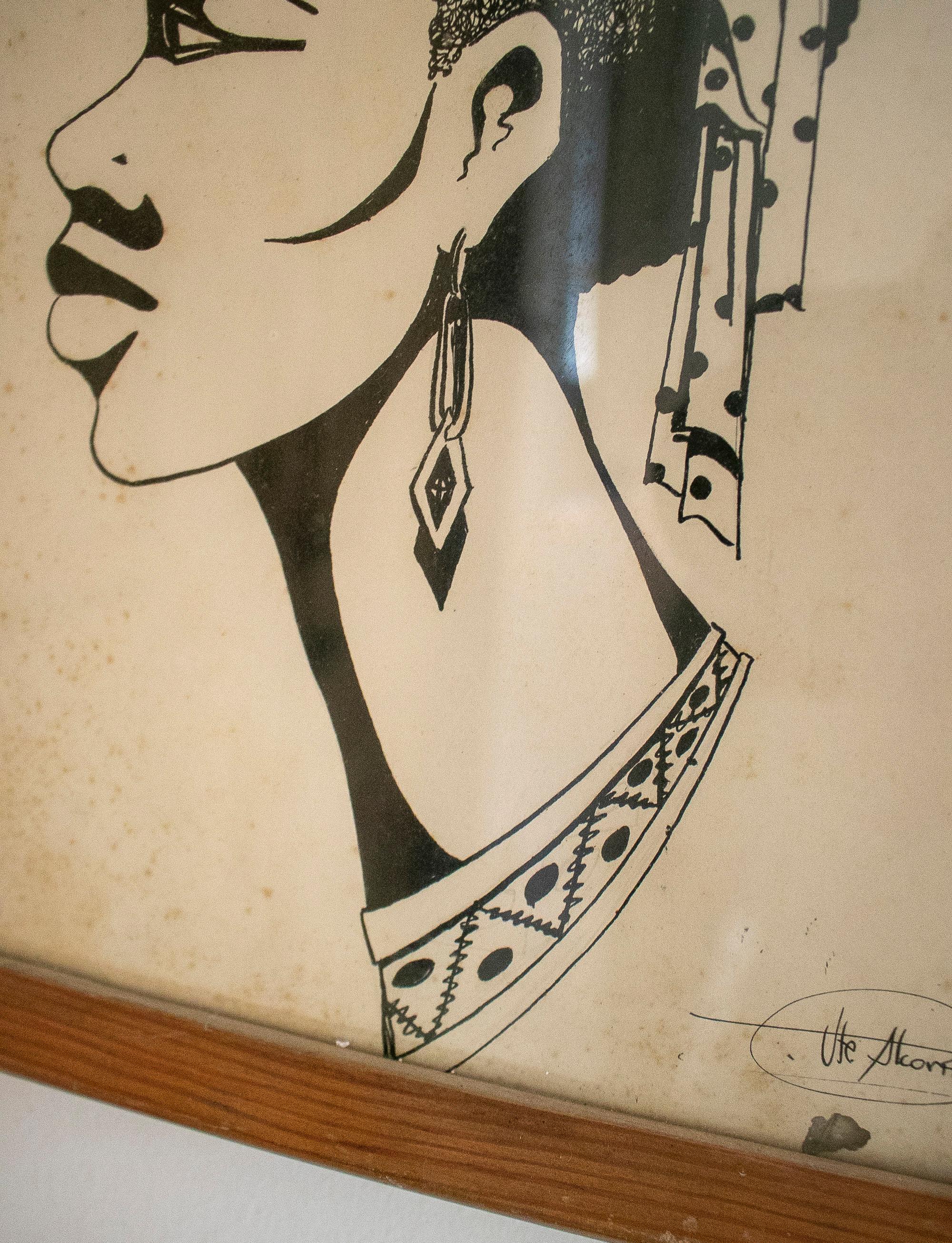 Pair of 1950s African Ink Drawn African Framed Portraits Signed 