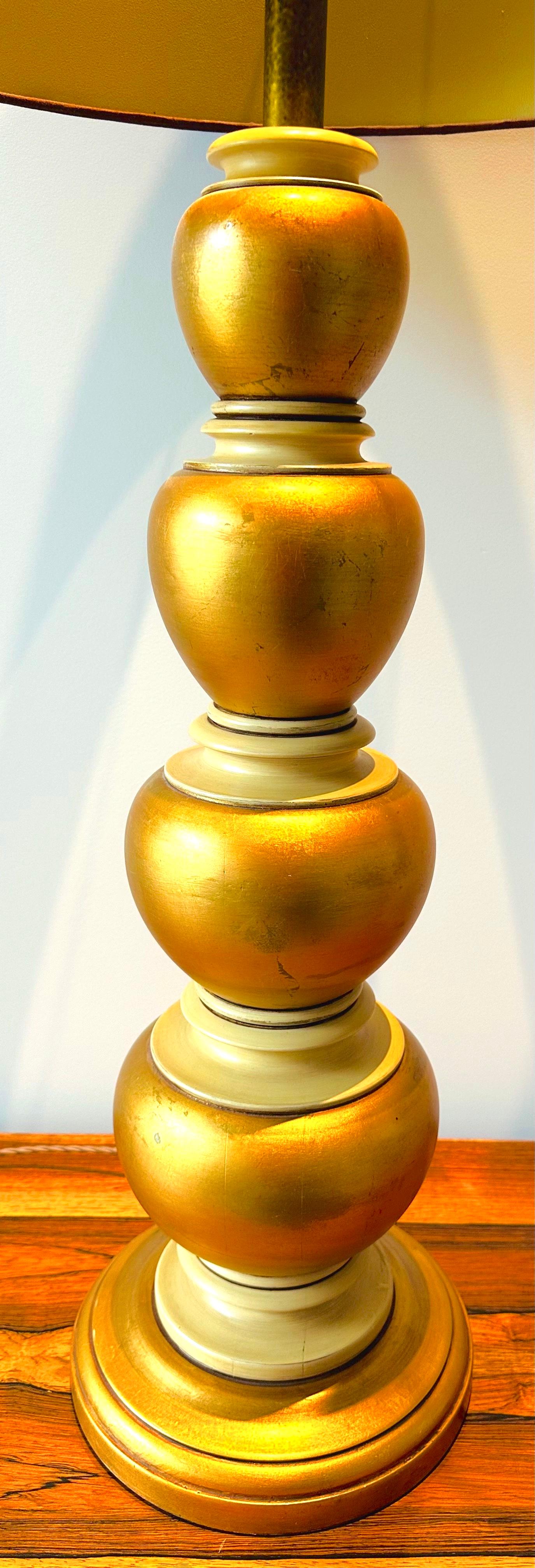 Pair of 1950s American Frederick Cooper Gold Leaf & Brass Table Lamps Inc Shades For Sale 3