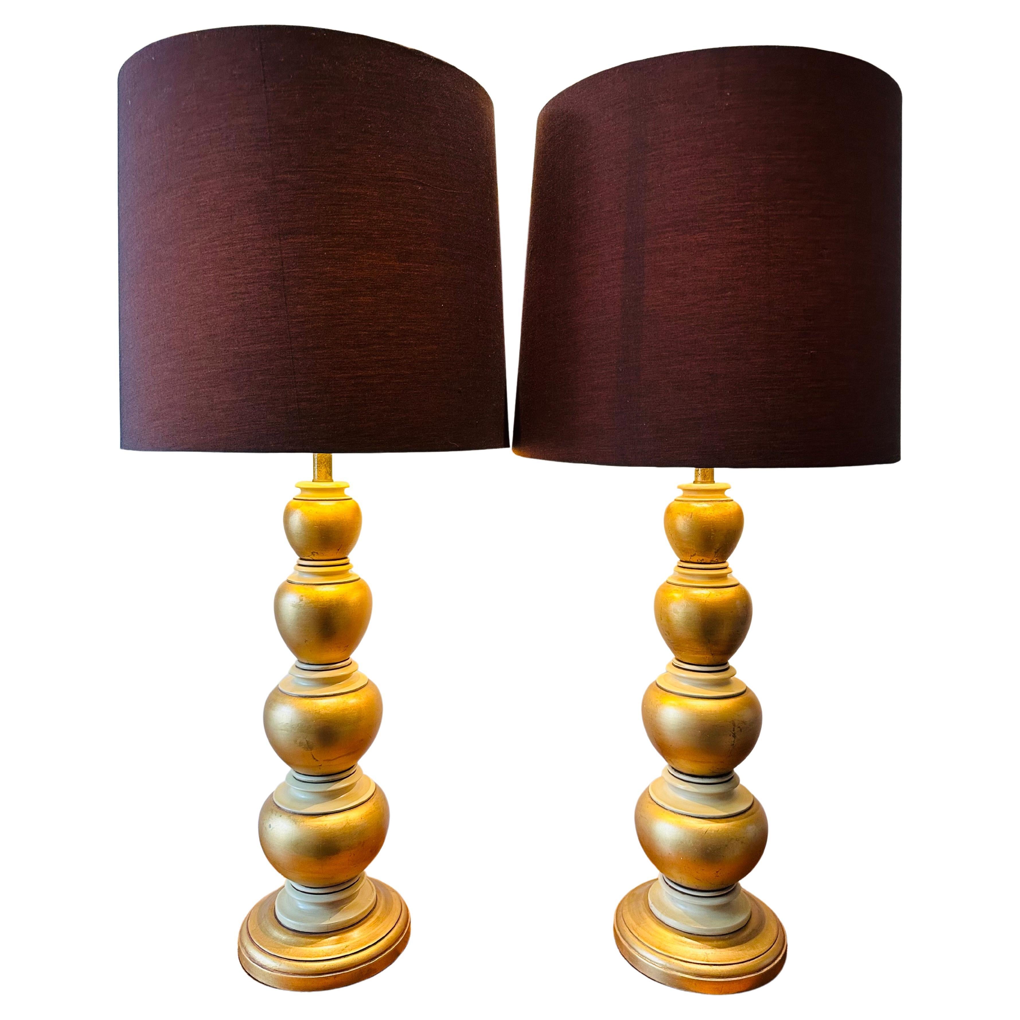 Pair of 1950s American Frederick Cooper Gold Leaf & Brass Table Lamps Inc Shades For Sale