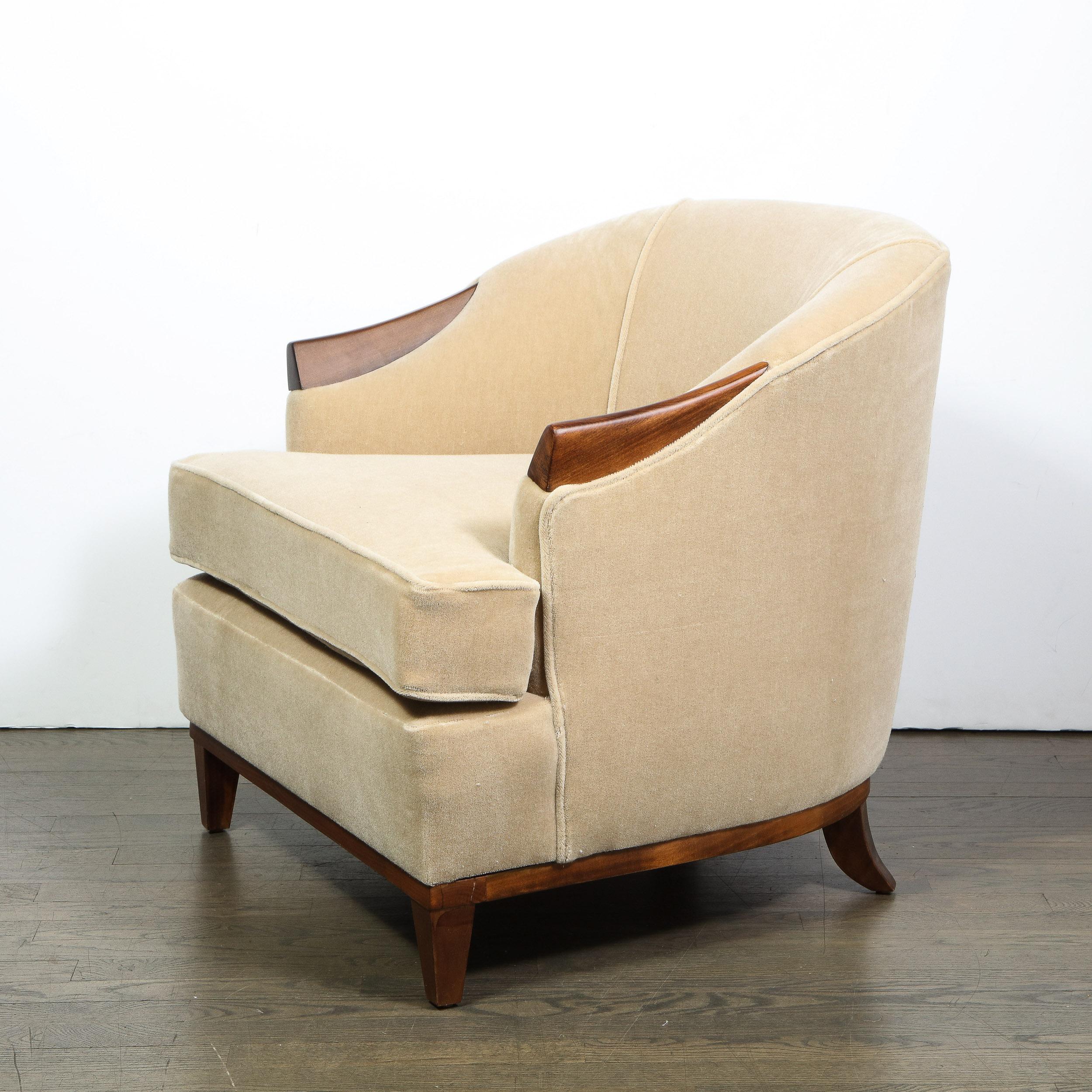 Pair of 1950s American Mid-Century Modern Ecru Mohair and Walnut Armchairs 1