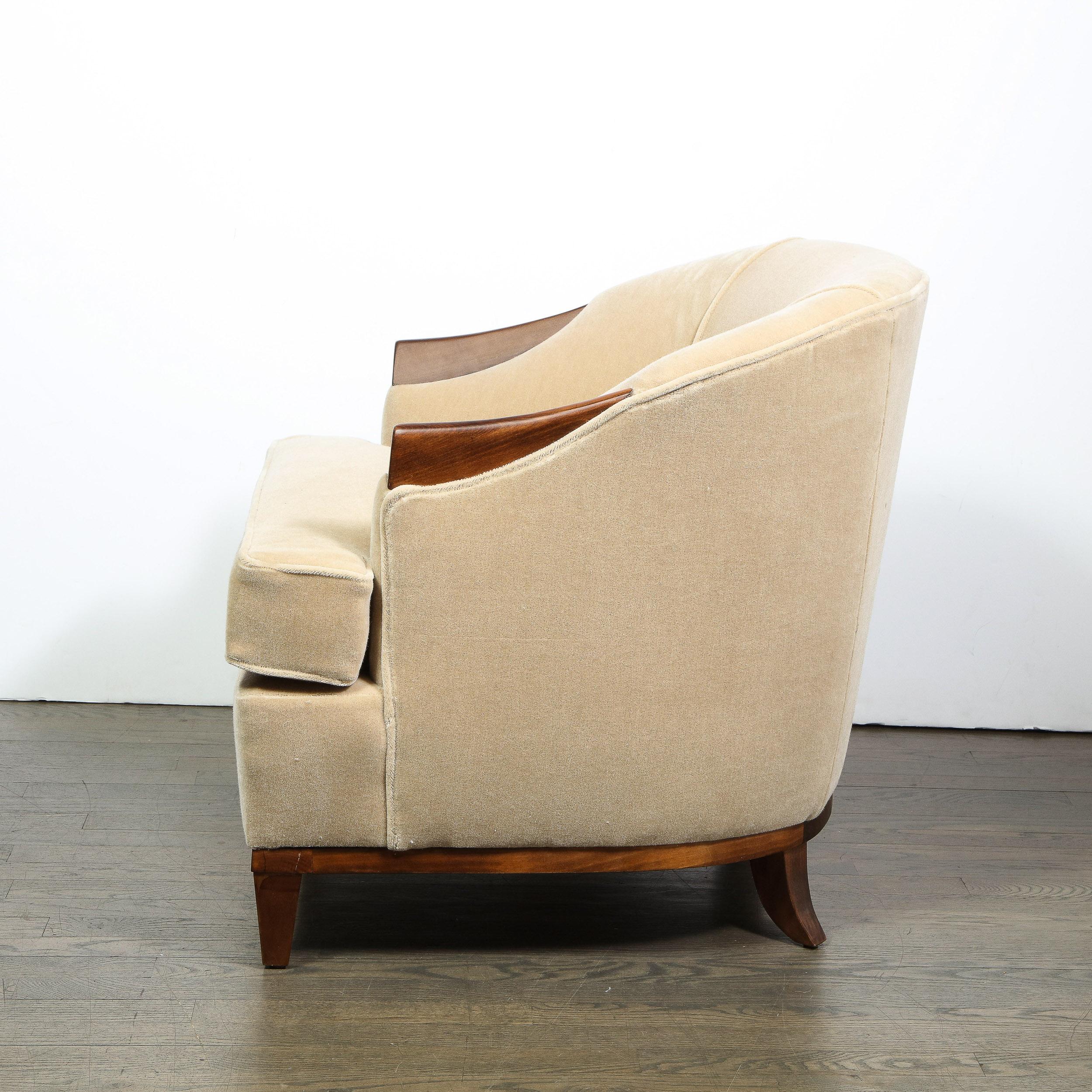Pair of 1950s American Mid-Century Modern Ecru Mohair and Walnut Armchairs 2