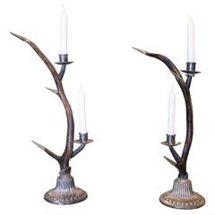 Pair of 1950s Anthony Redmile 2-Arm Candlesticks w/ Silver Base 
Natural Horn