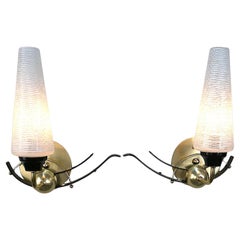 Paar Arlus Texturglas & Bronze Wandleuchter aus den 1950er Jahren