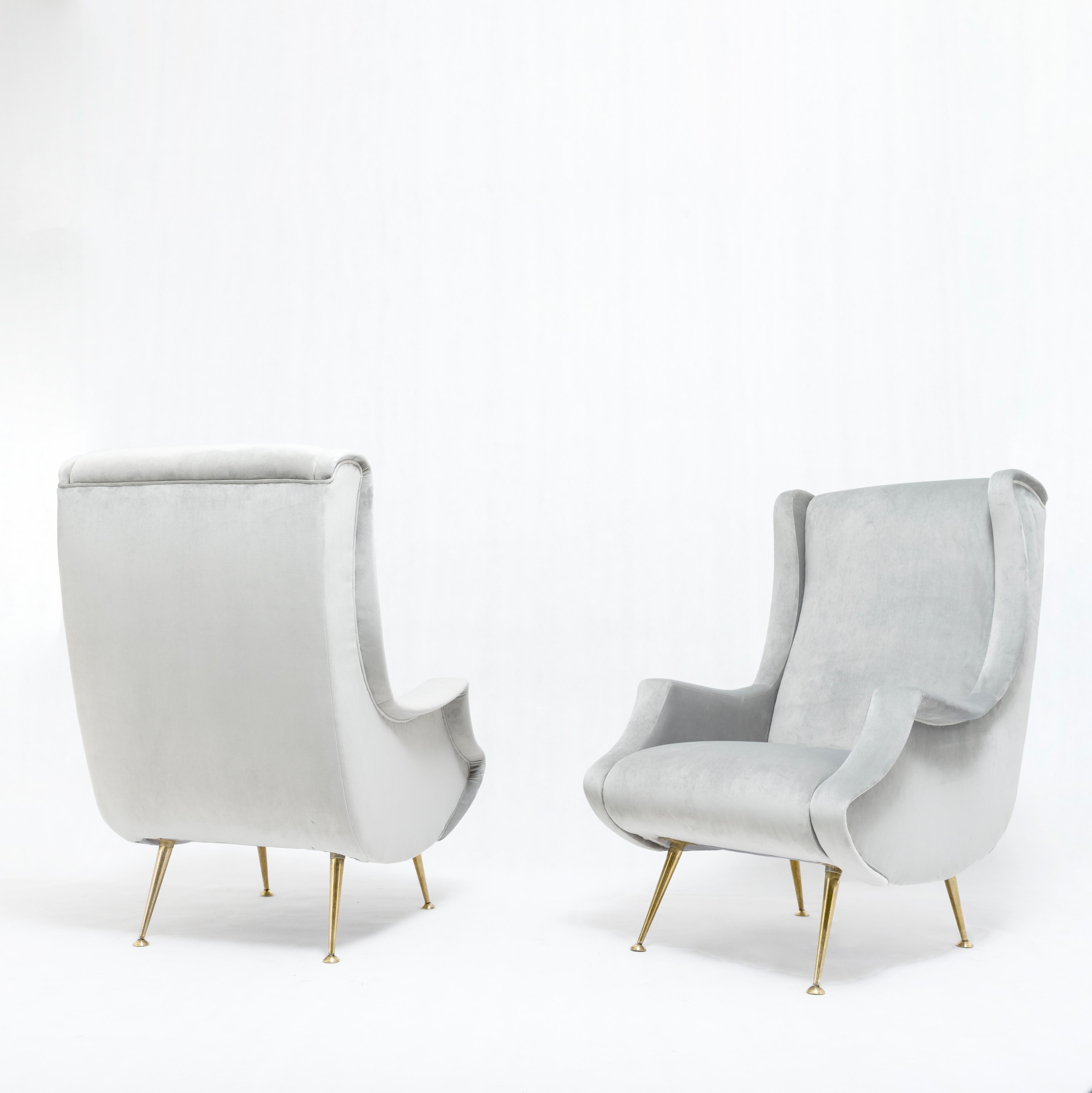 Pair of midcentury armchairs by ISA Bergamo
Italy, 1950s

Reupholstered in grey velvet

ISA Bergamo was the furniture company which produced many of Gio Ponti best-known designs.