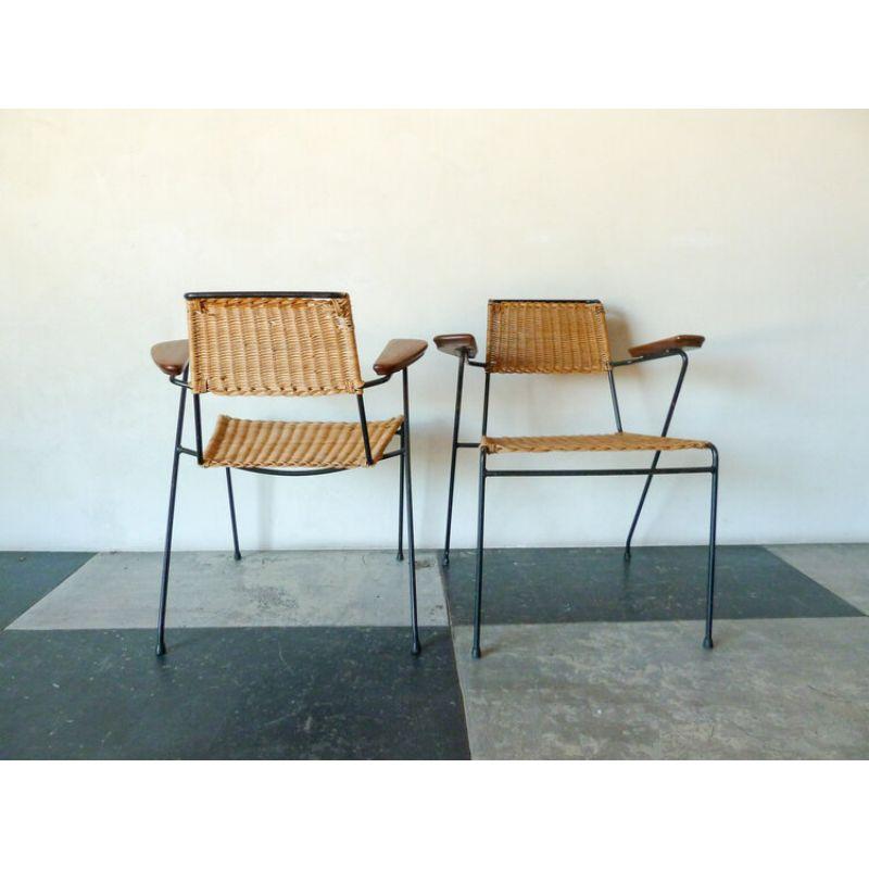 French Pair of 1950s Armchairs in Black Metal and Rattan For Sale