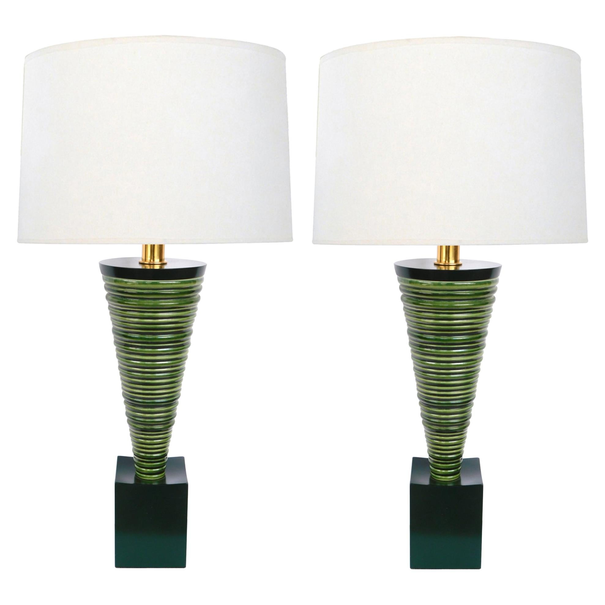 Pair of 1950s Atomic Age Conical-form Green Glazed Ribbed Lamps