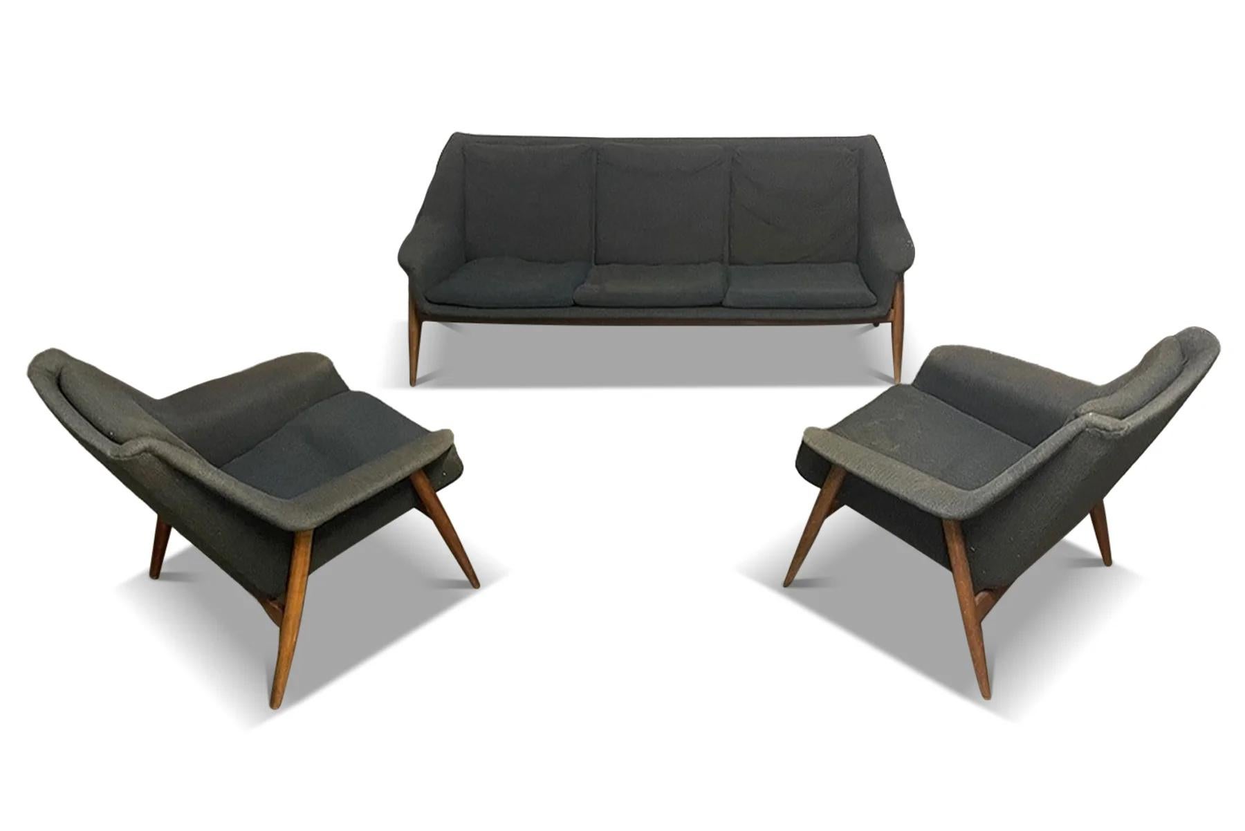Mid-Century Modern Pair of 1950s atomic lounge chairs + sofa in the manner of folke ohlsson For Sale