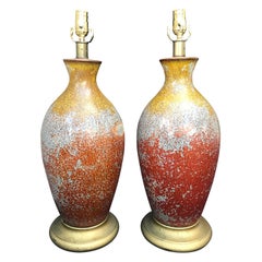 Pair of 1950s Beautifully Glazed Art Pottery Lamps with Original Bases