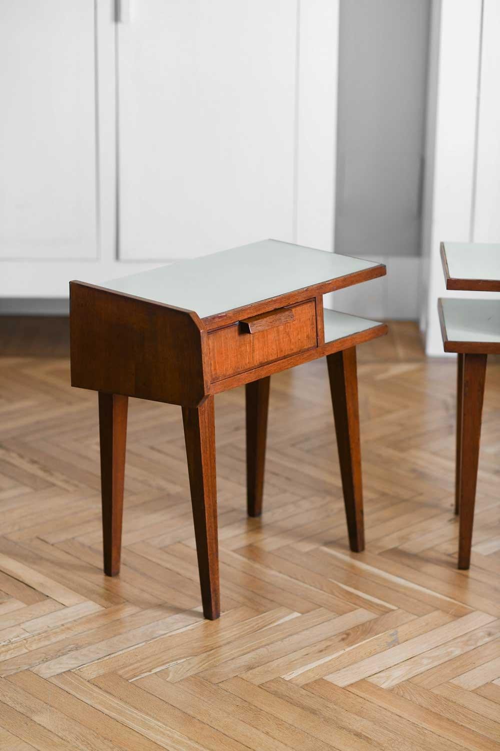 Mid-20th Century Pair of 1950s Bedside Tables Made of Wood with Formica Shelves