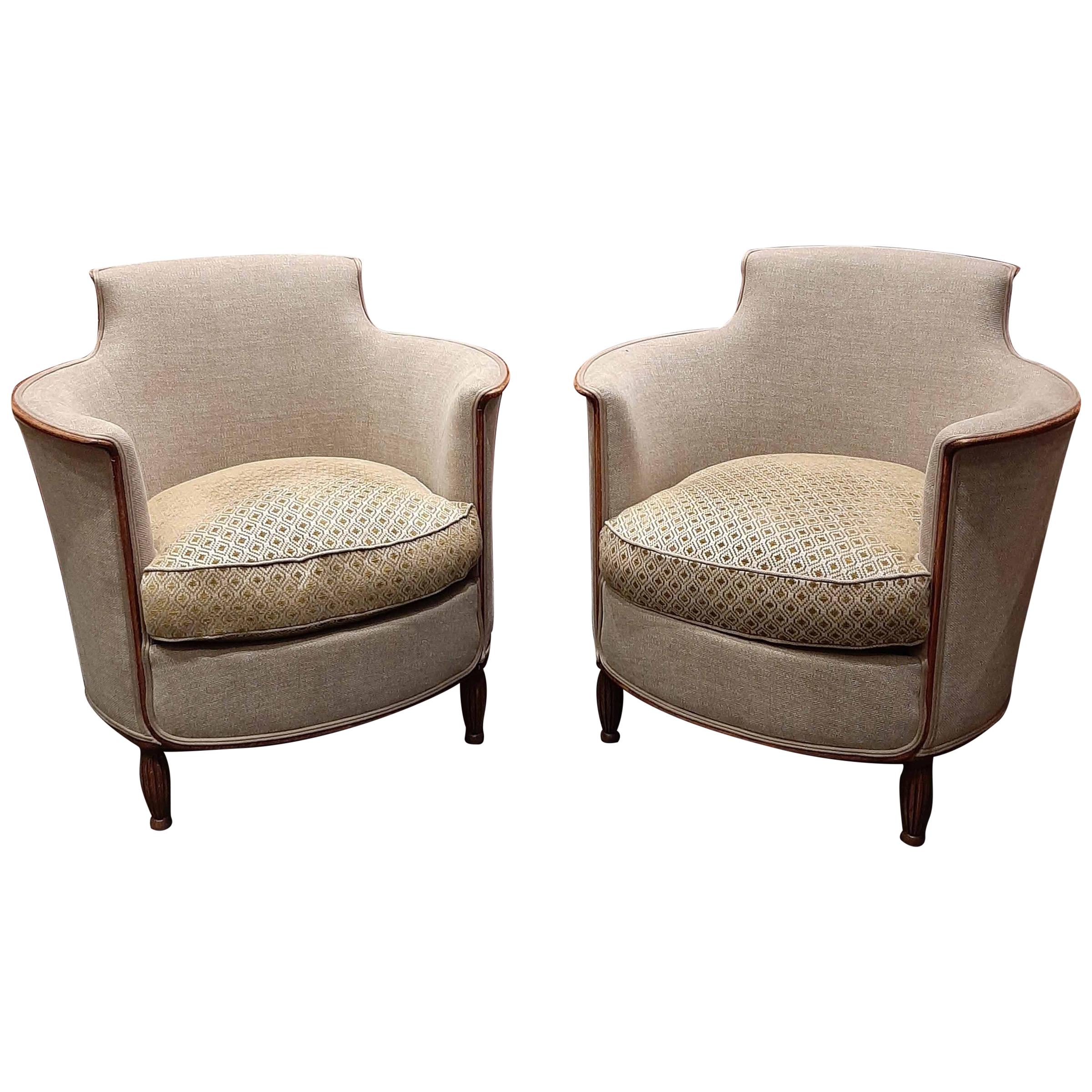 Pair of 1950s Beige and Green Armchairs with Walnut Legs and Detail