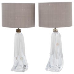 Pair of 1950s Belgian Clear Crystal Glass Table Lamps by Val St Lambert