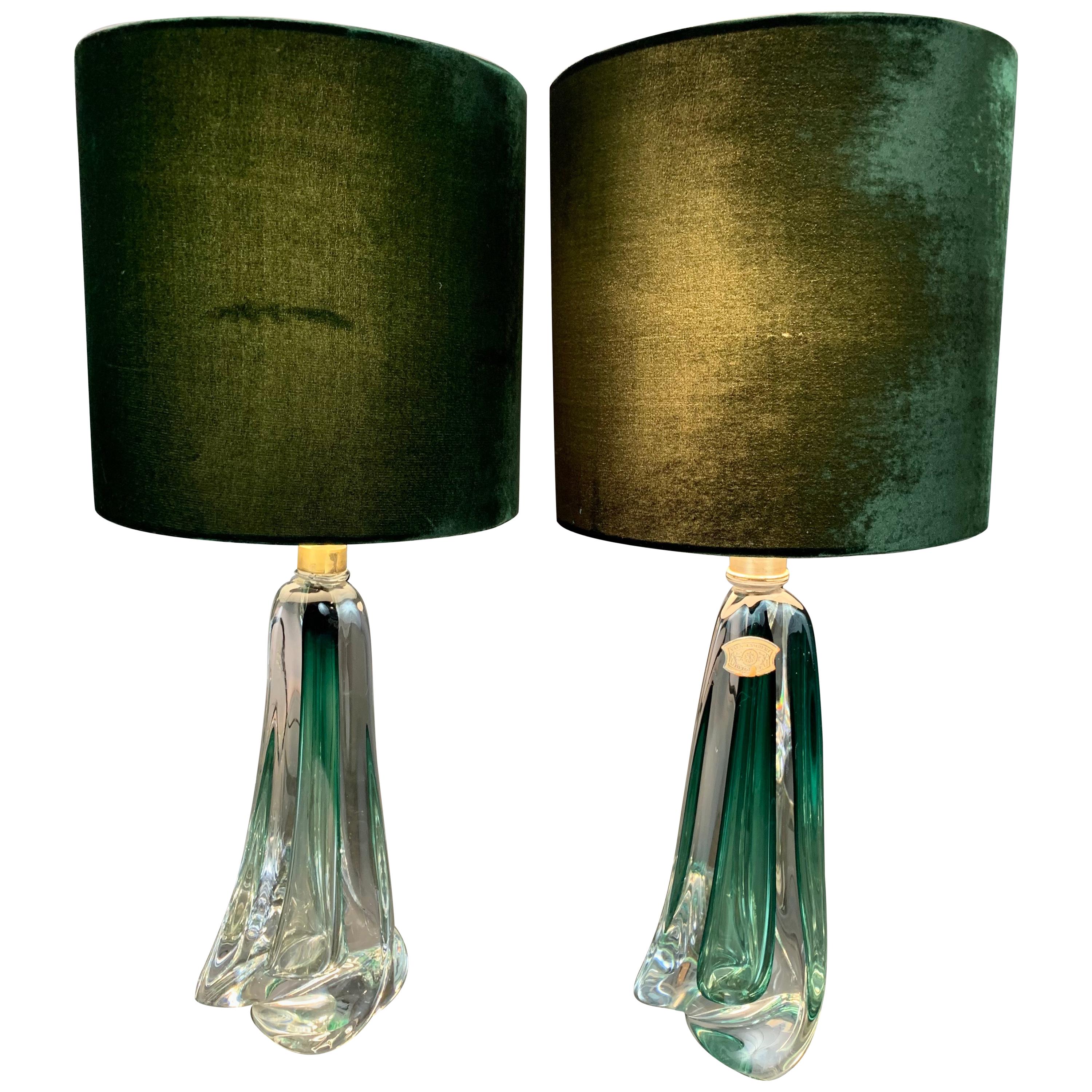 Pair of 1950s Belgium Val Saint Lambert Dark Green and Clear Crystal Table Lamps