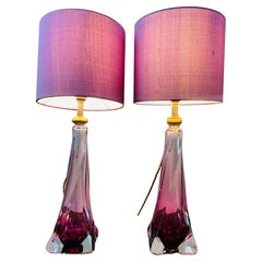 Vintage Pair of 1950s Belgium Val St Lambert Purple & Clear Glass Lamp Bases inc Shades