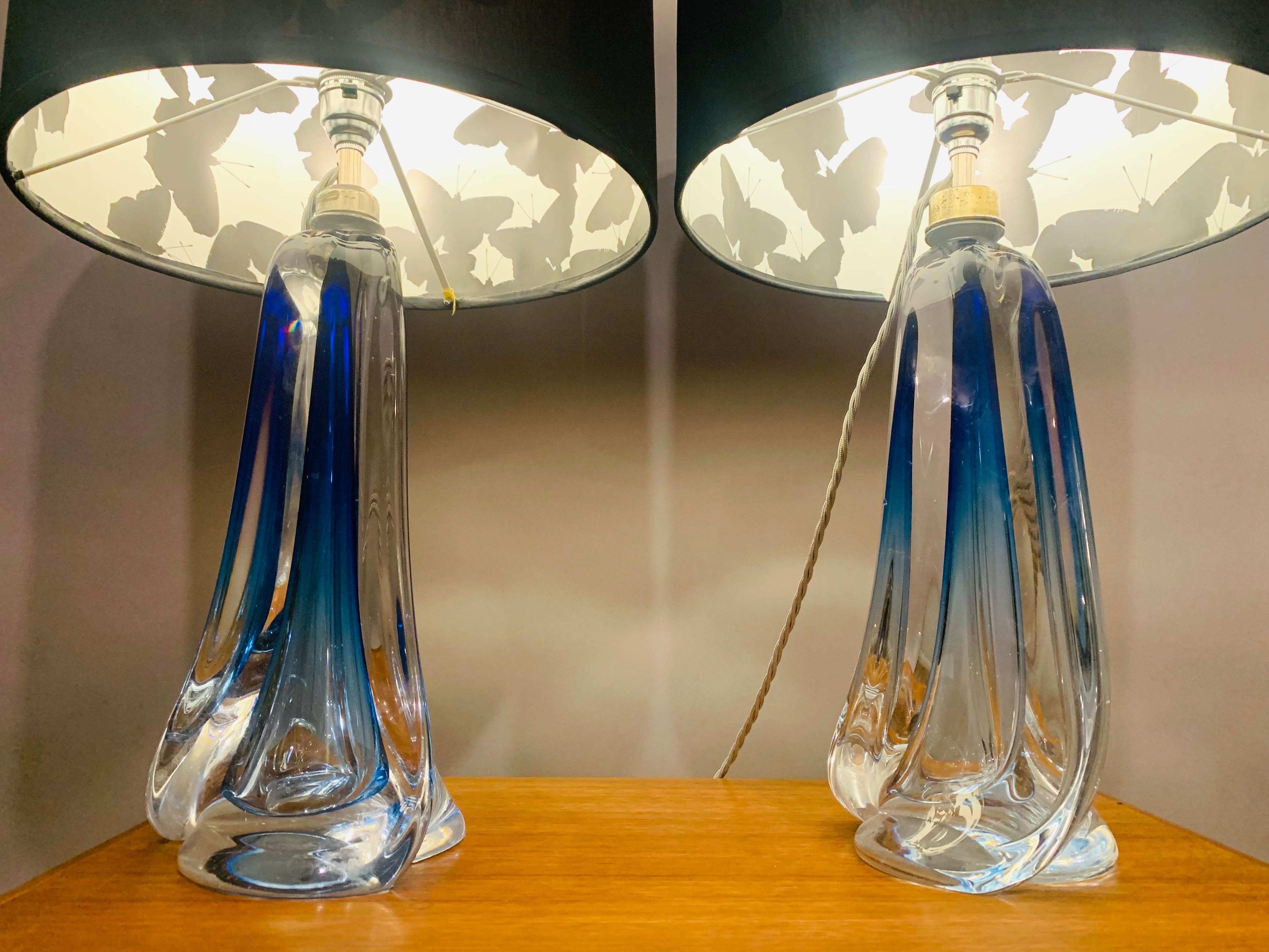 Belgian Pair of 1950s Belgium Val St Lambert Blue & Clear Crystal Glass Table Lamps