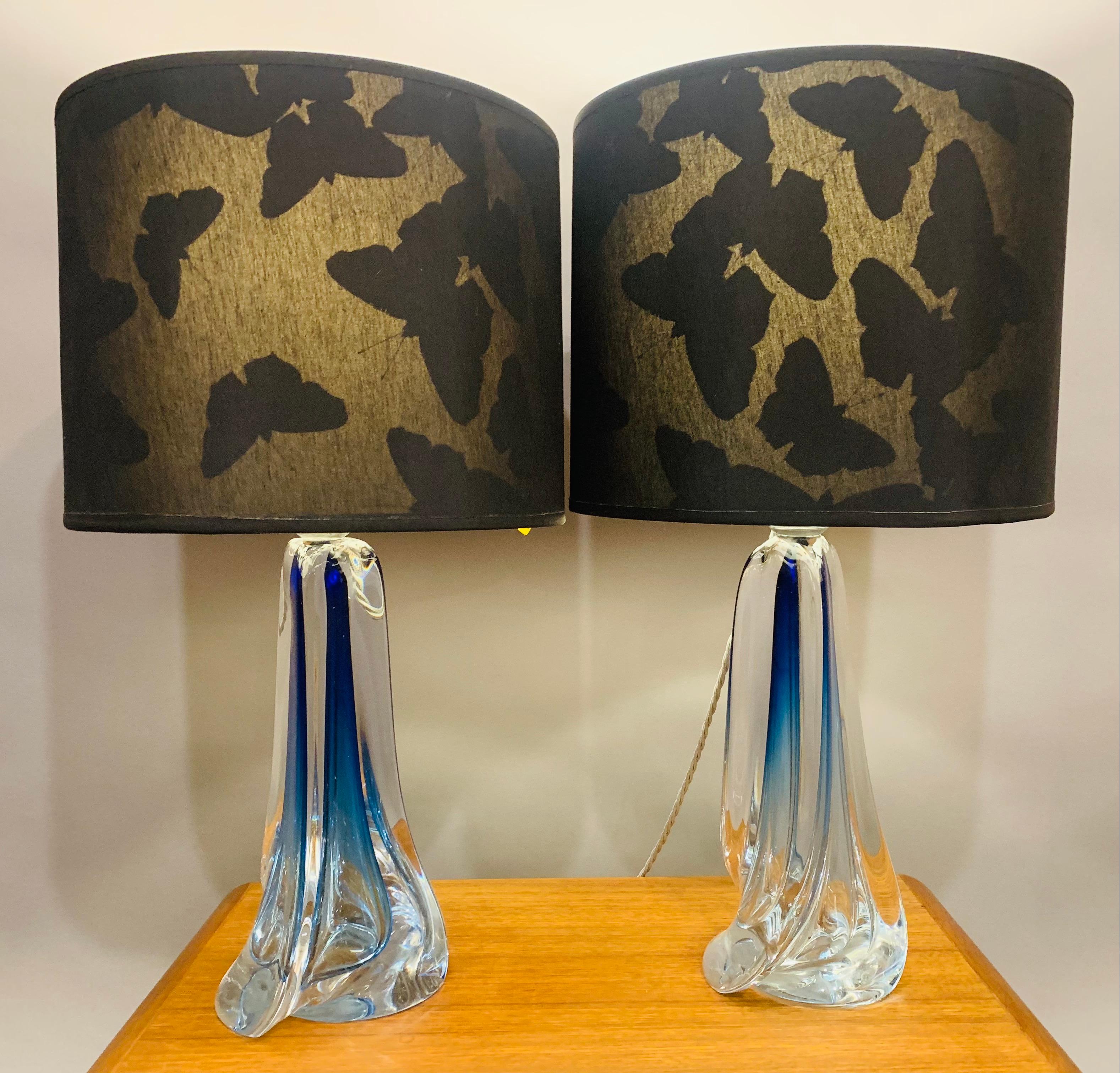Polished Pair of 1950s Belgium Val St Lambert Blue & Clear Crystal Glass Table Lamps