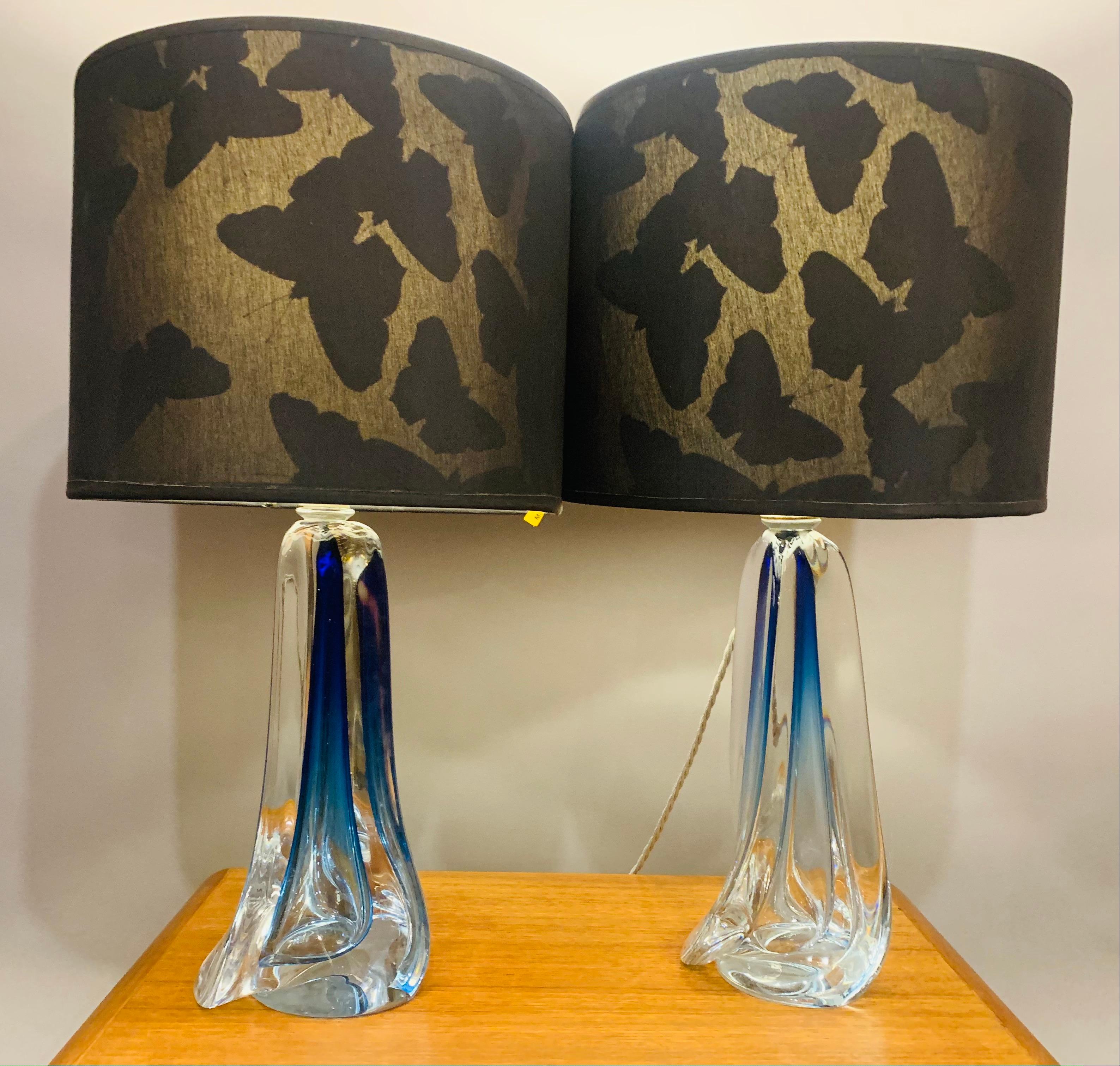 Pair of 1950s Belgium Val St Lambert Blue & Clear Crystal Glass Table Lamps In Good Condition In London, GB