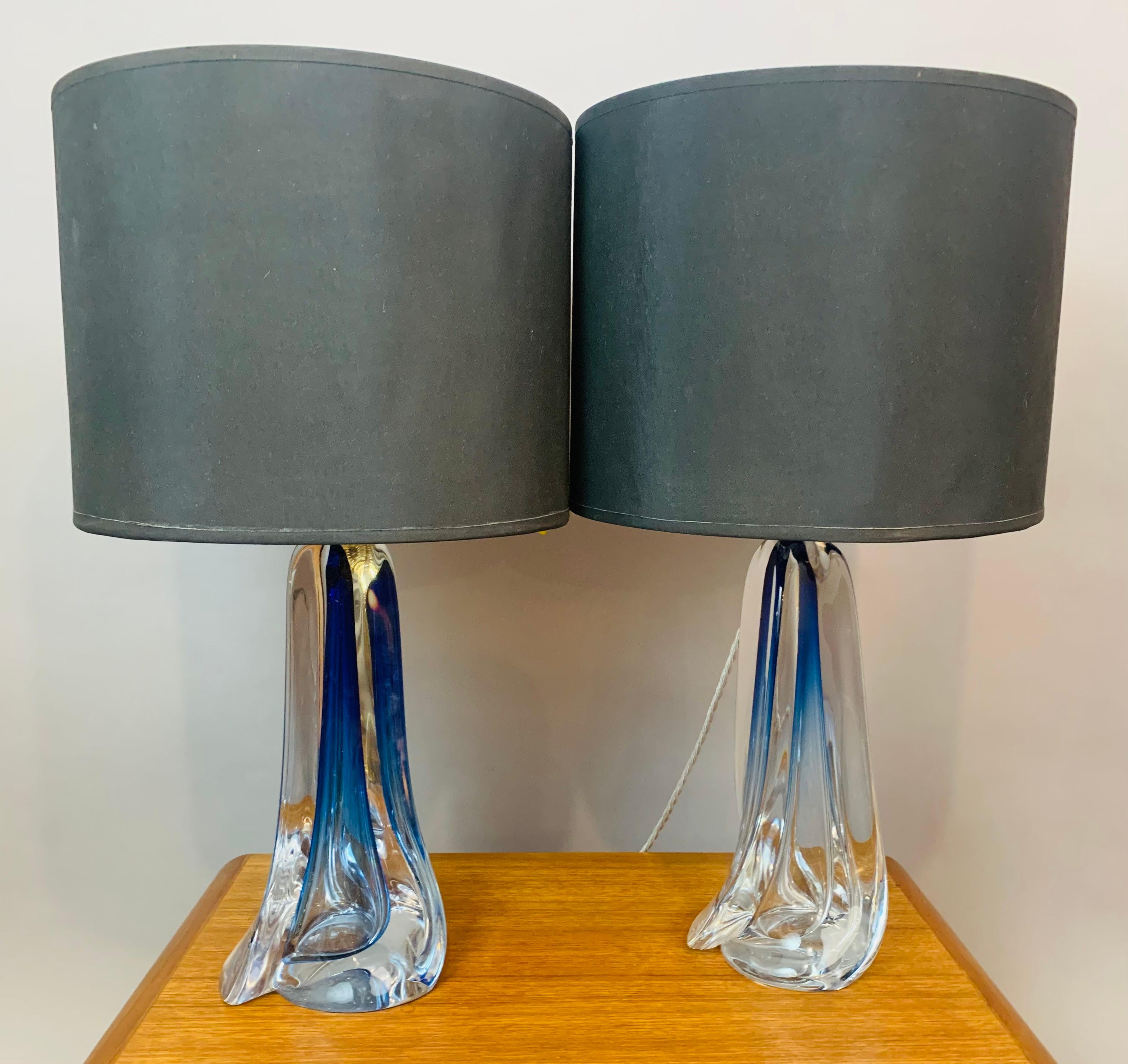 20th Century Pair of 1950s Belgium Val St Lambert Blue & Clear Crystal Glass Table Lamps