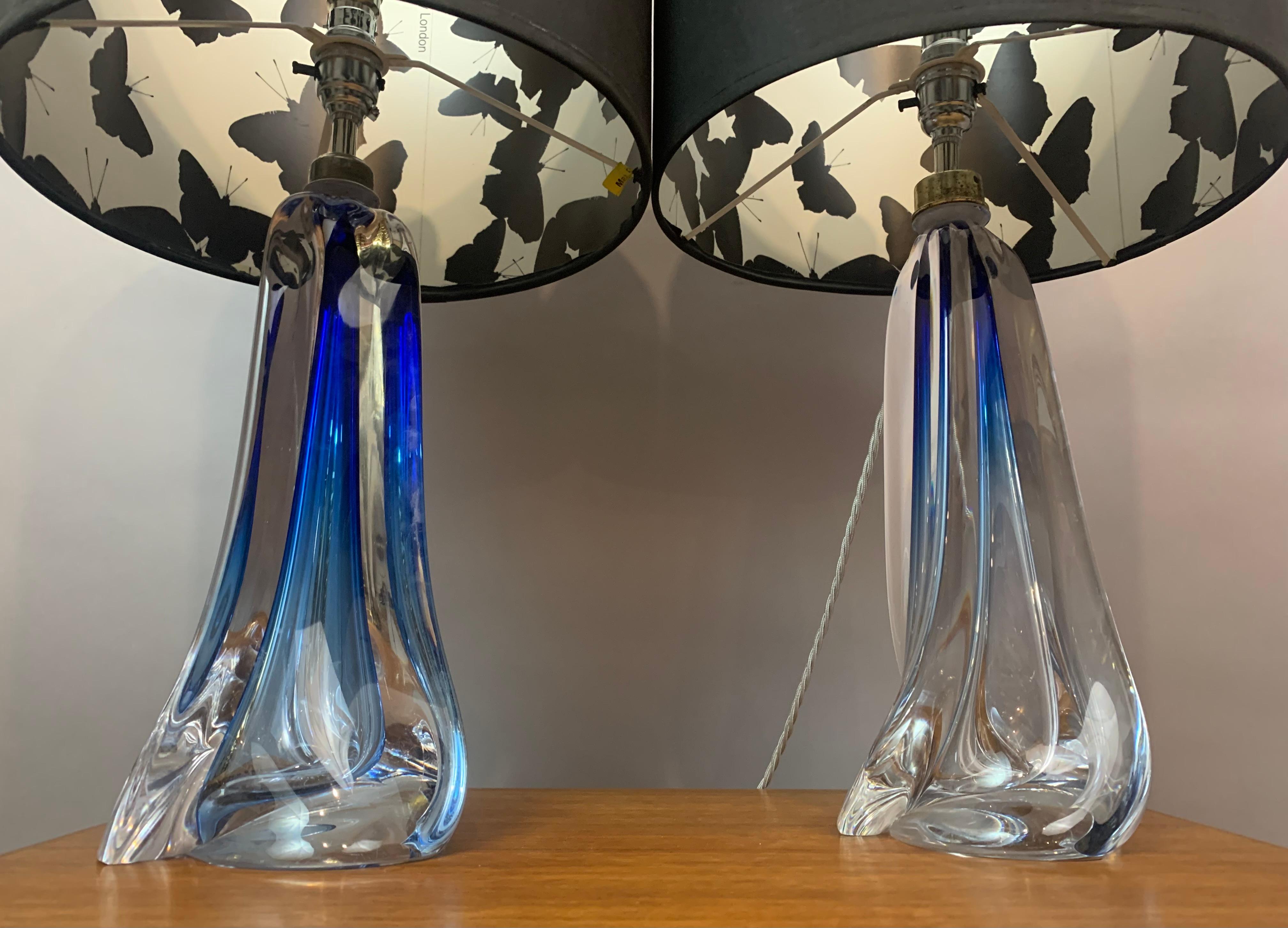Pair of 1950s Belgium Val St Lambert Blue & Clear Crystal Glass Table Lamps 1