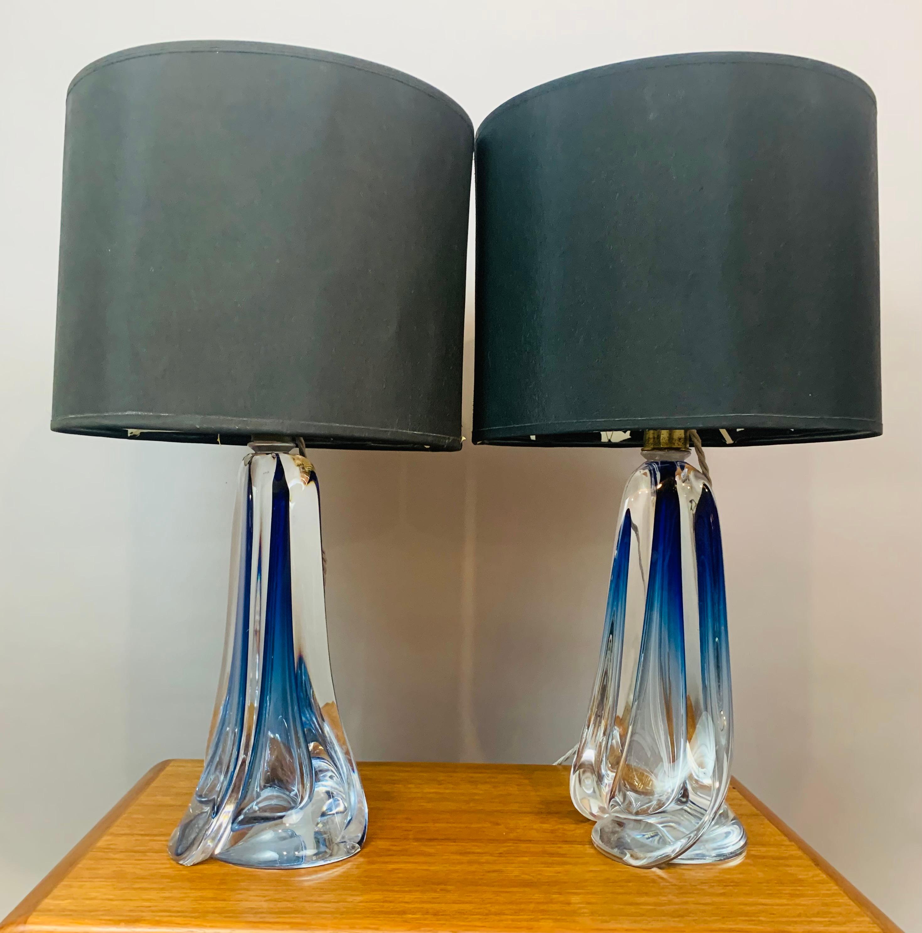Pair of 1950s Belgium Val St Lambert Blue & Clear Crystal Glass Table Lamps 2