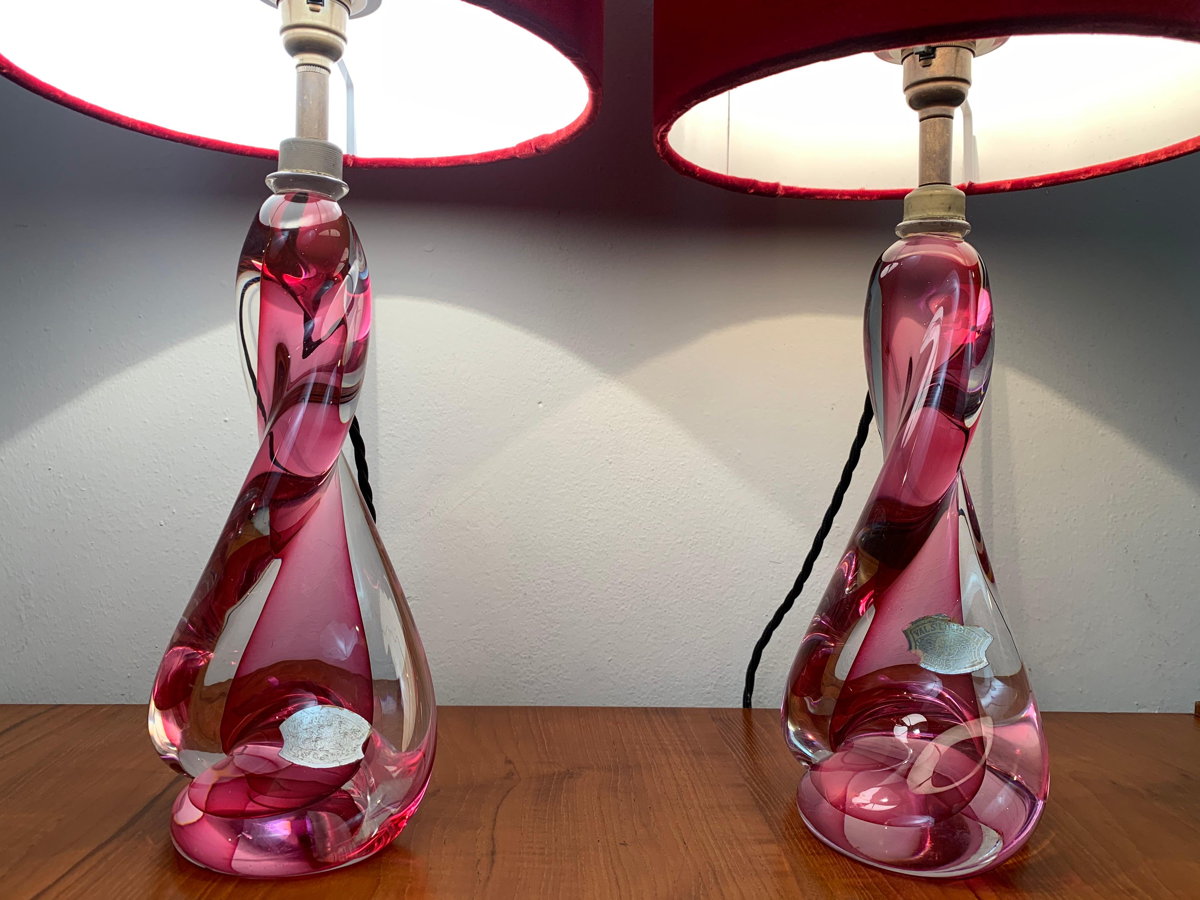 Belgian Pair of 1950s Belgium Val St Lambert Crystal Pink Table Lamp Bases inc Shades