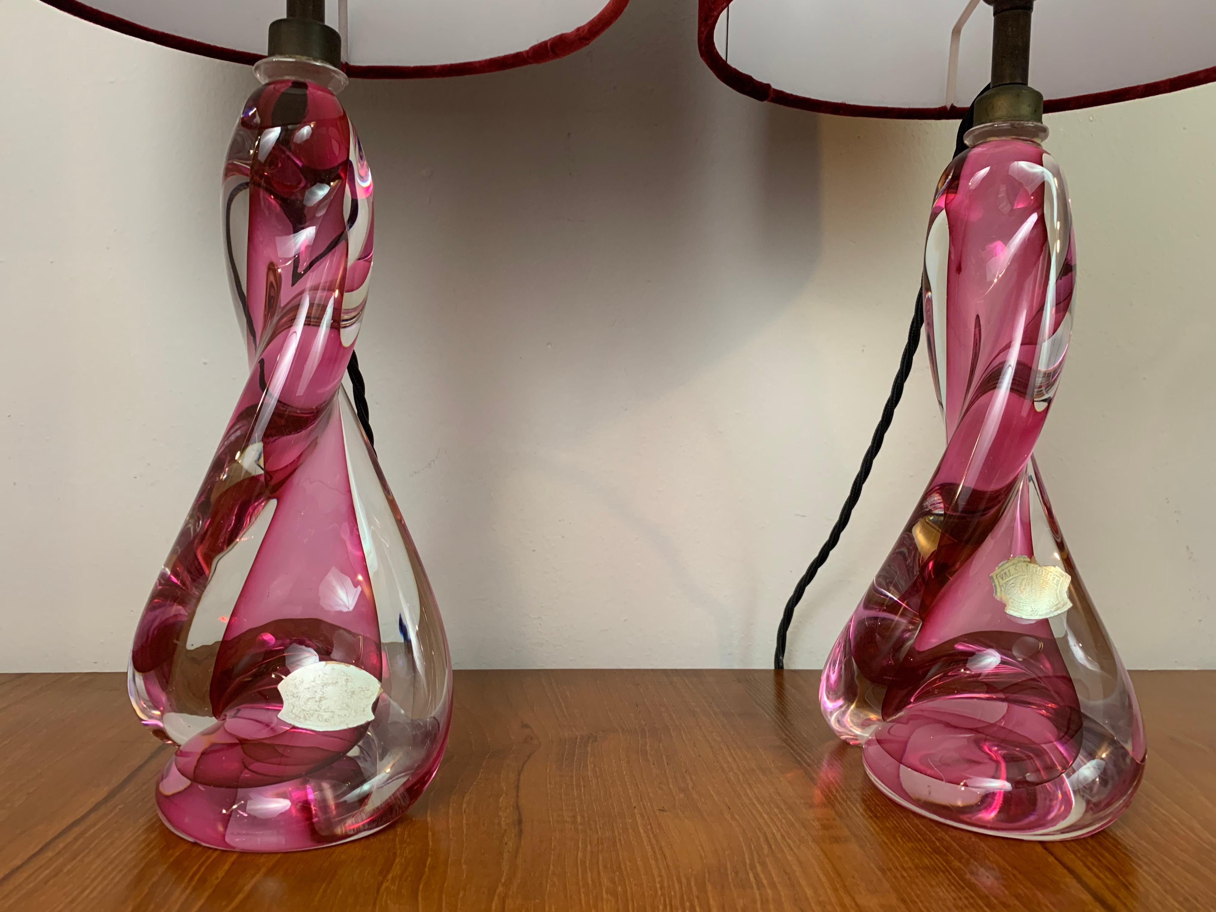 Hand-Crafted Pair of 1950s Belgium Val St Lambert Crystal Pink Table Lamp Bases inc Shades