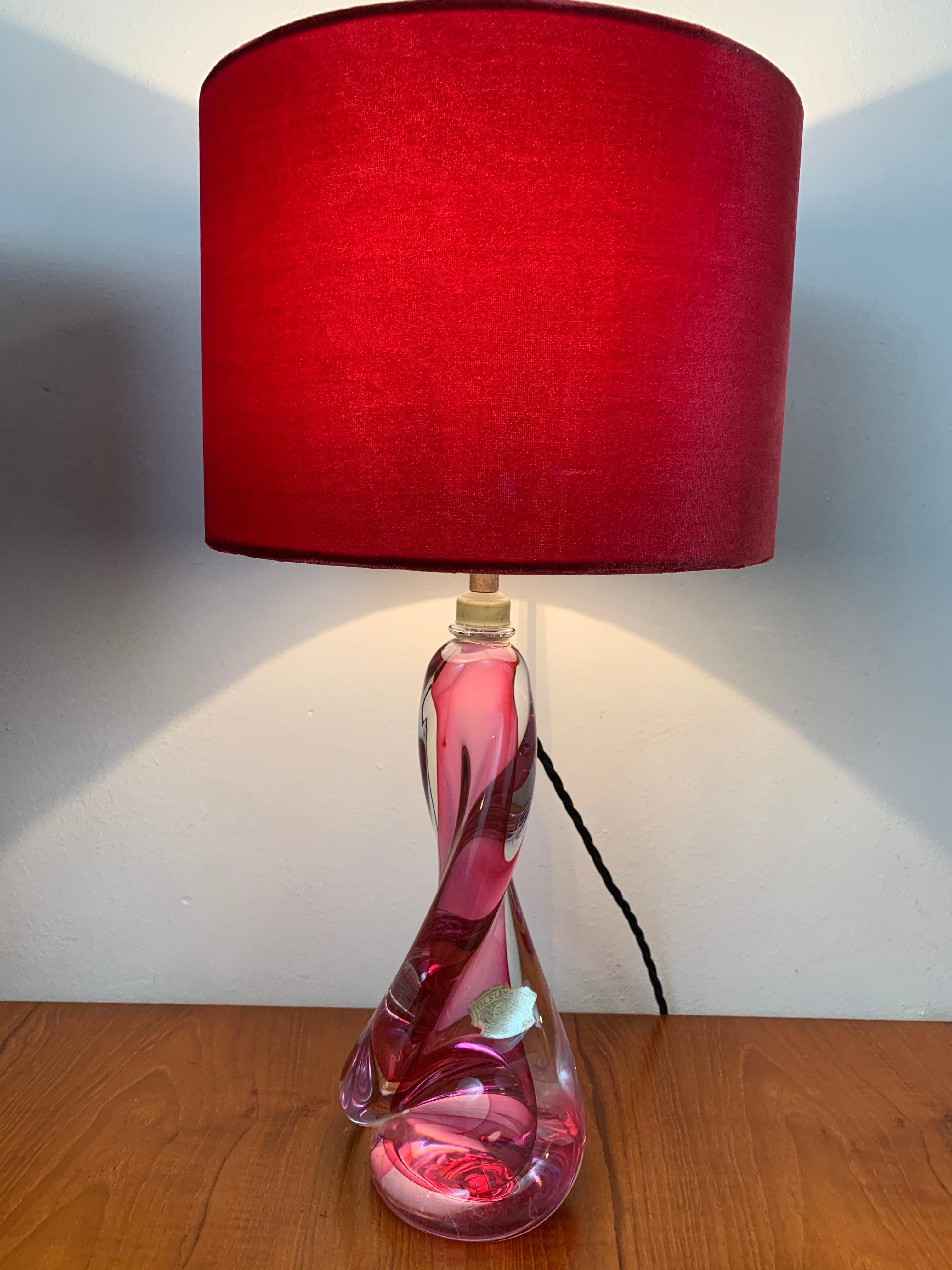 Pair of 1950s Belgium Val St Lambert Crystal Pink Table Lamp Bases inc Shades 1