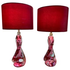 Pair of 1950s Belgium Val St Lambert Crystal Pink Table Lamp Bases inc Shades