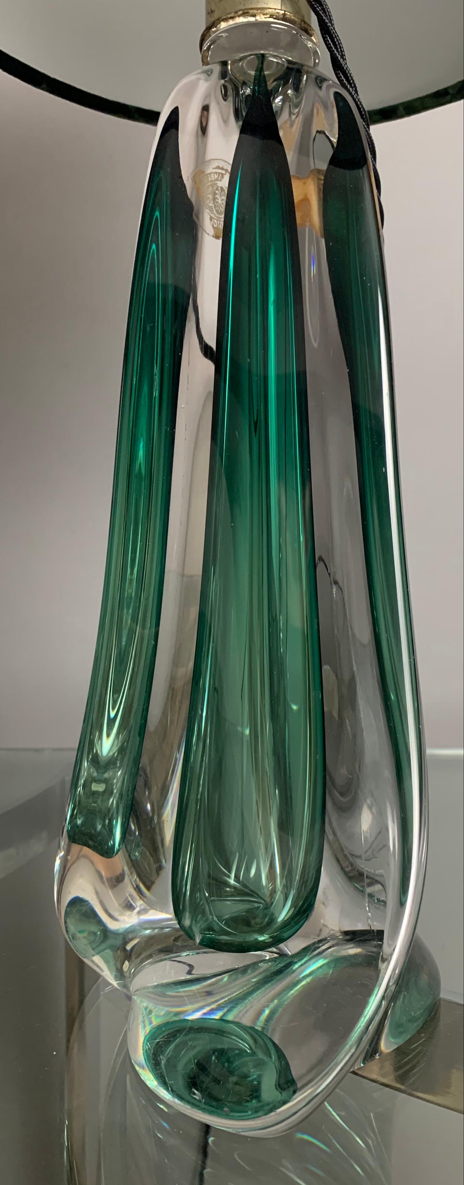 Pair of 1950s Belgium Val Saint Lambert Dark Green and Clear Crystal Table Lamps 3