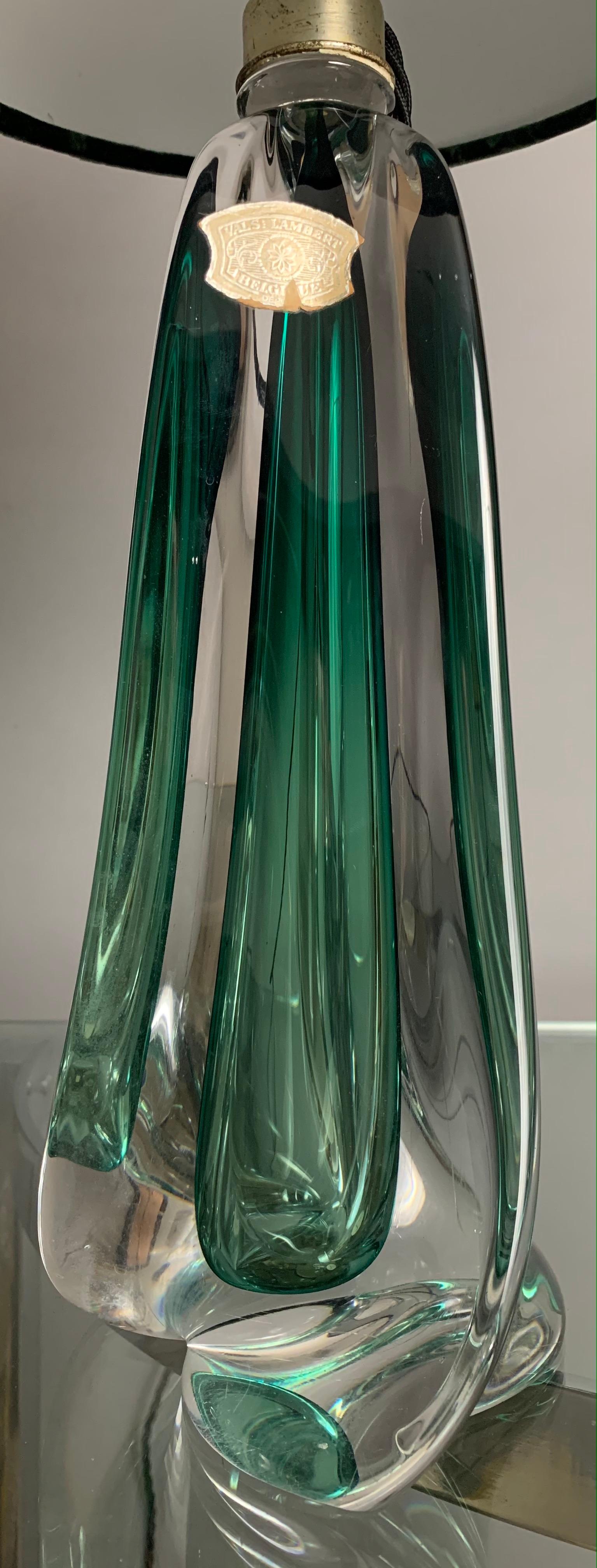 Pair of 1950s Belgium Val Saint Lambert Dark Green and Clear Crystal Table Lamps 5