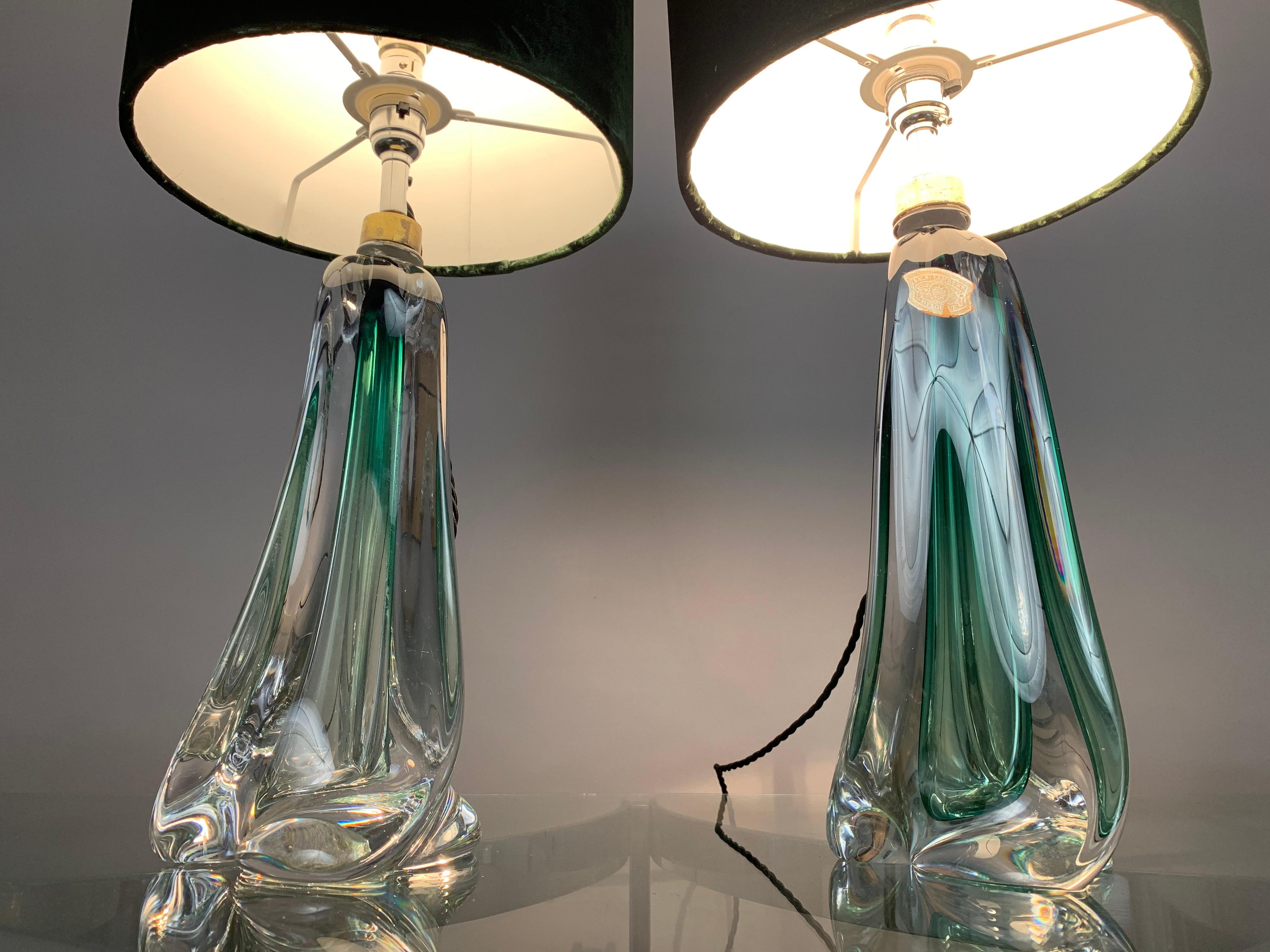 Mid-Century Modern Pair of 1950s Belgium Val Saint Lambert Dark Green and Clear Crystal Table Lamps