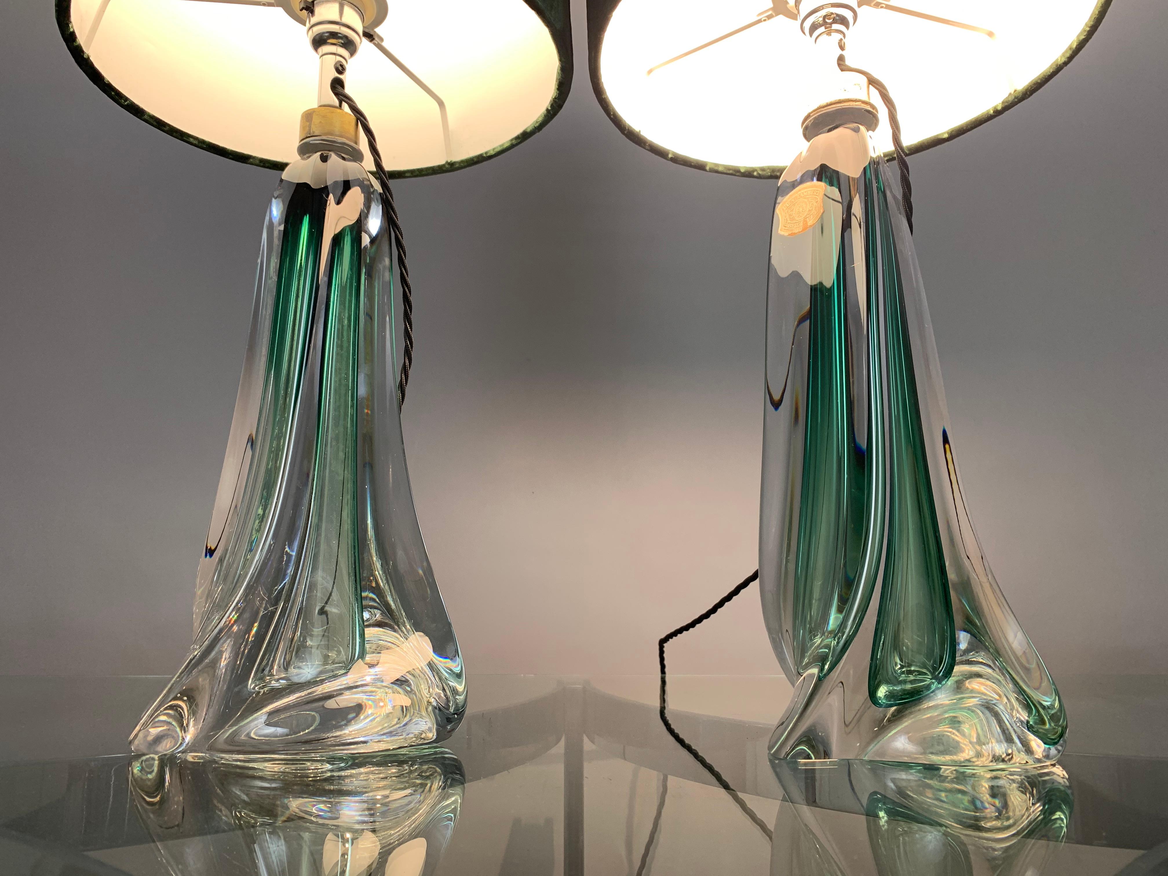 Belgian Pair of 1950s Belgium Val Saint Lambert Dark Green and Clear Crystal Table Lamps
