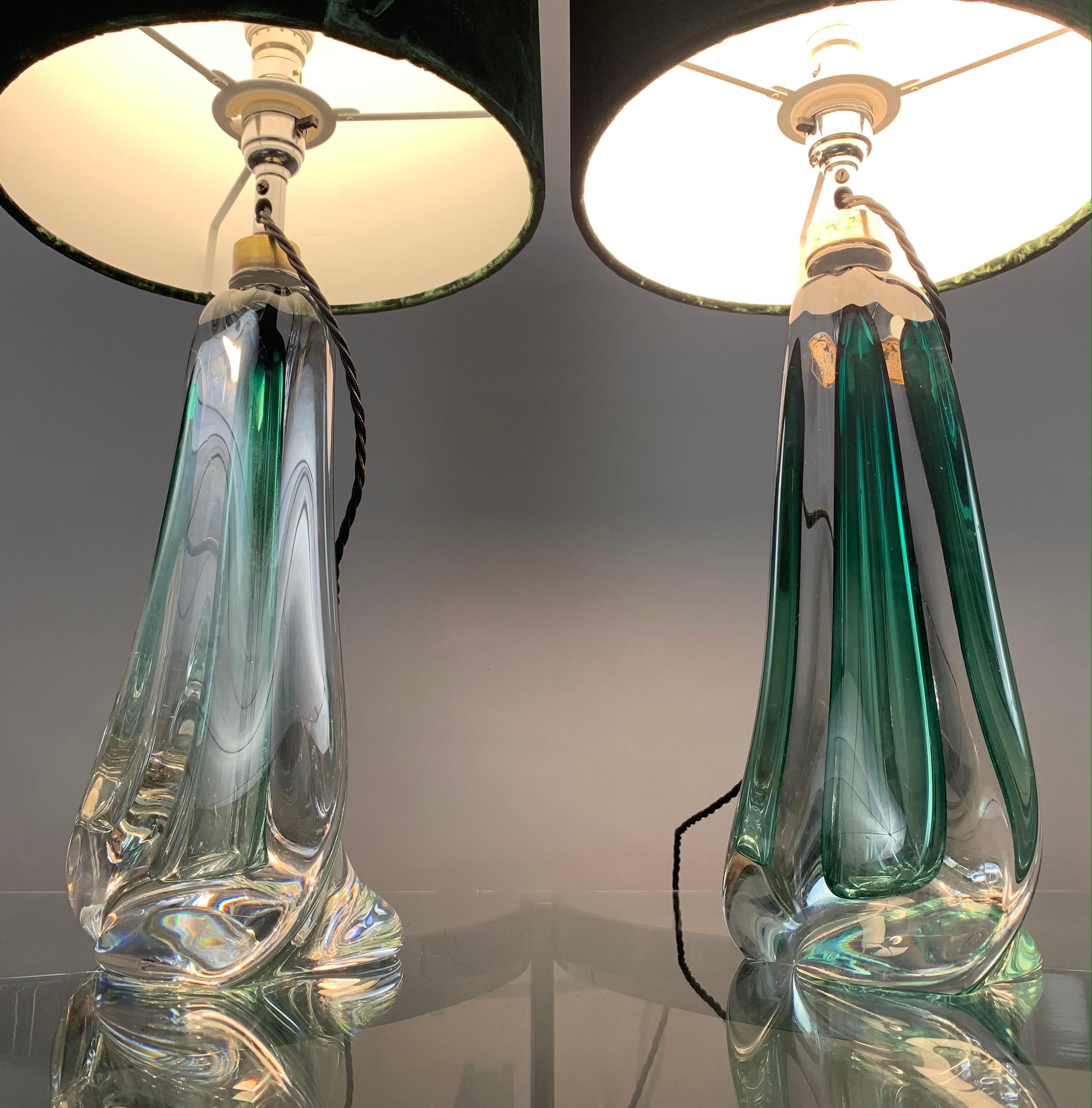 20th Century Pair of 1950s Belgium Val Saint Lambert Dark Green and Clear Crystal Table Lamps