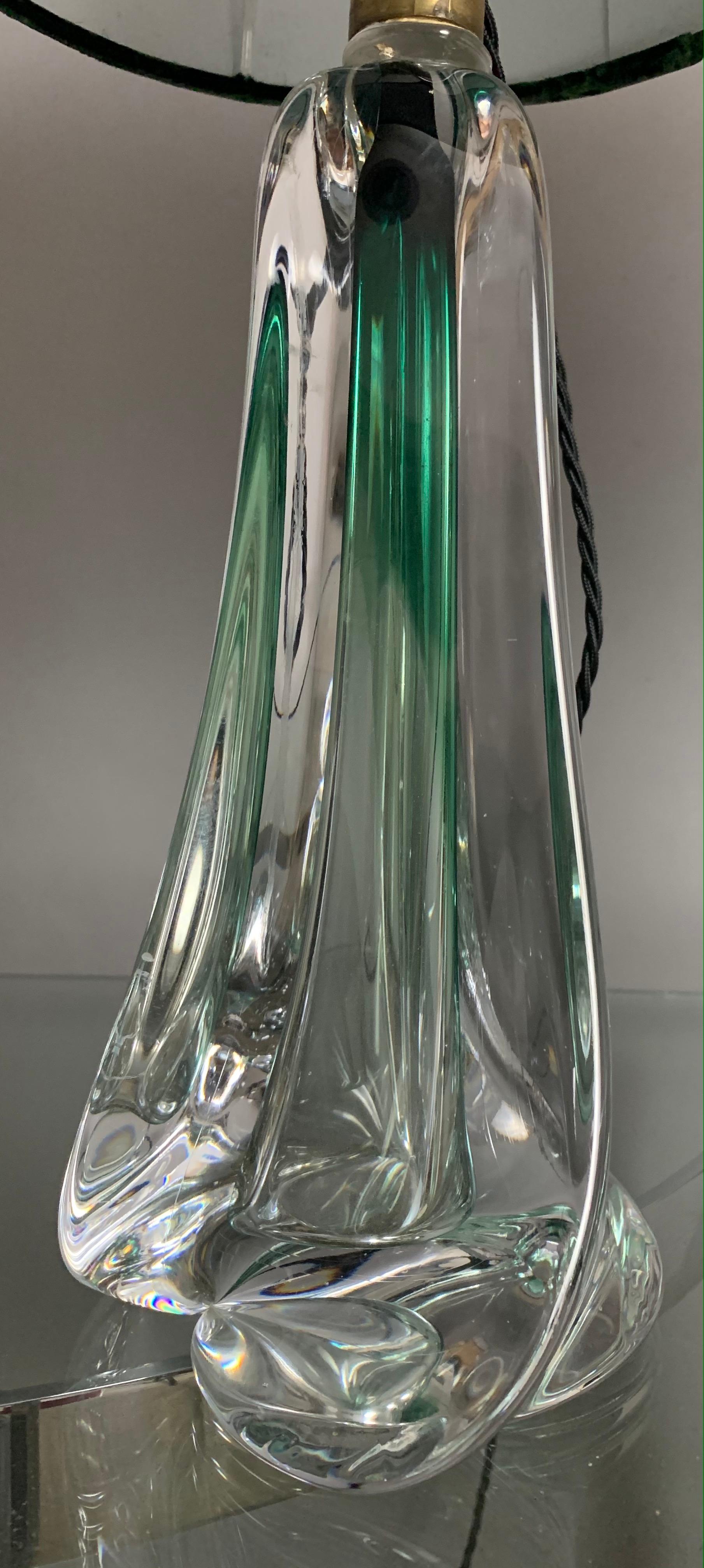 Pair of 1950s Belgium Val Saint Lambert Dark Green and Clear Crystal Table Lamps 1